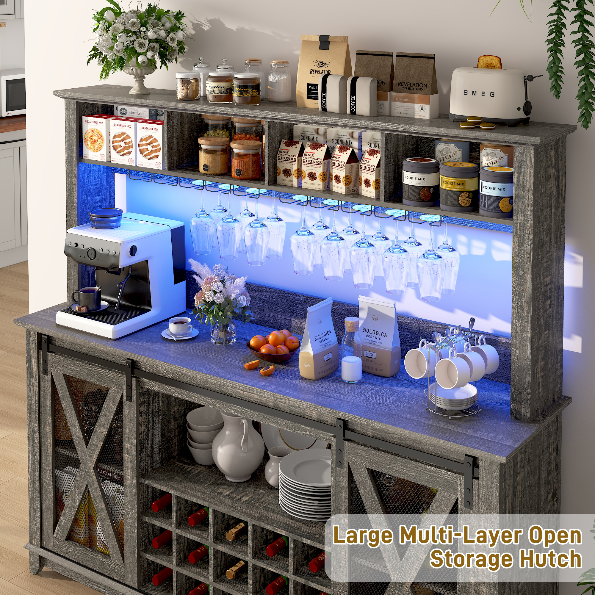 ANPOO 63"W Farmhouse Coffee Bar Cabinet Wine Rack and Storage, Tall Wine Bar Cabinet with 4 Tier Storage Hutch, Buffet Cabinet with LED Light and Glass Racks for Kitchen Dining Room