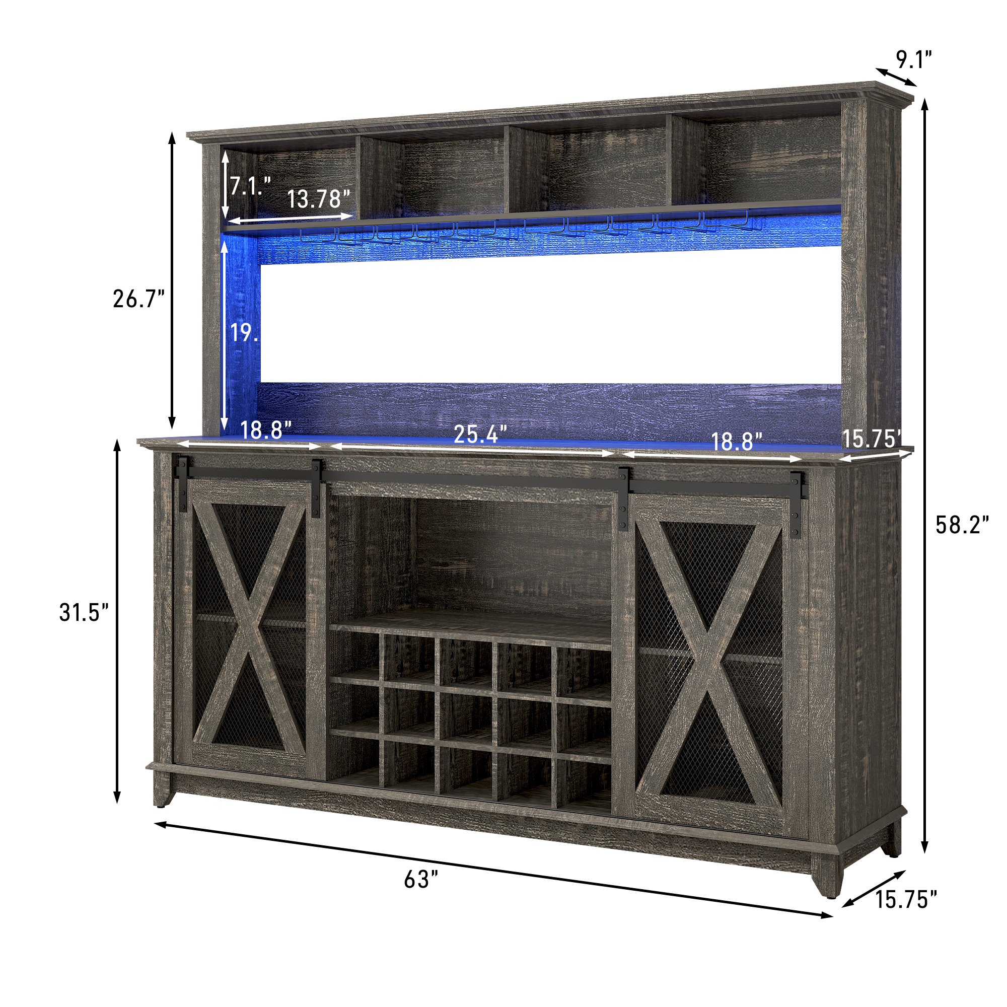 ANPOO 63"W Farmhouse Coffee Bar Cabinet Wine Rack and Storage, Tall Wine Bar Cabinet with 4 Tier Storage Hutch, Buffet Cabinet with LED Light and Glass Racks for Kitchen Dining Room