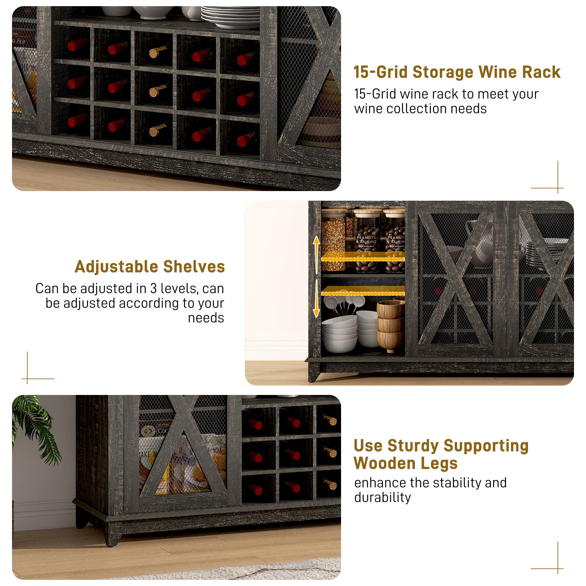 ANPOO 63"W Farmhouse Coffee Bar Cabinet Wine Rack and Storage, Tall Wine Bar Cabinet with 4 Tier Storage Hutch, Buffet Cabinet with LED Light and Glass Racks for Kitchen Dining Room