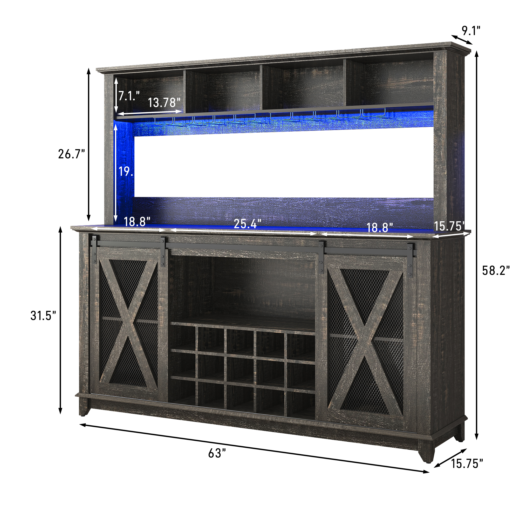 ANPOO 63"W Farmhouse Coffee Bar Cabinet Wine Rack and Storage, Tall Wine Bar Cabinet with 4 Tier Storage Hutch, Buffet Cabinet with LED Light and Glass Racks for Kitchen Dining Room
