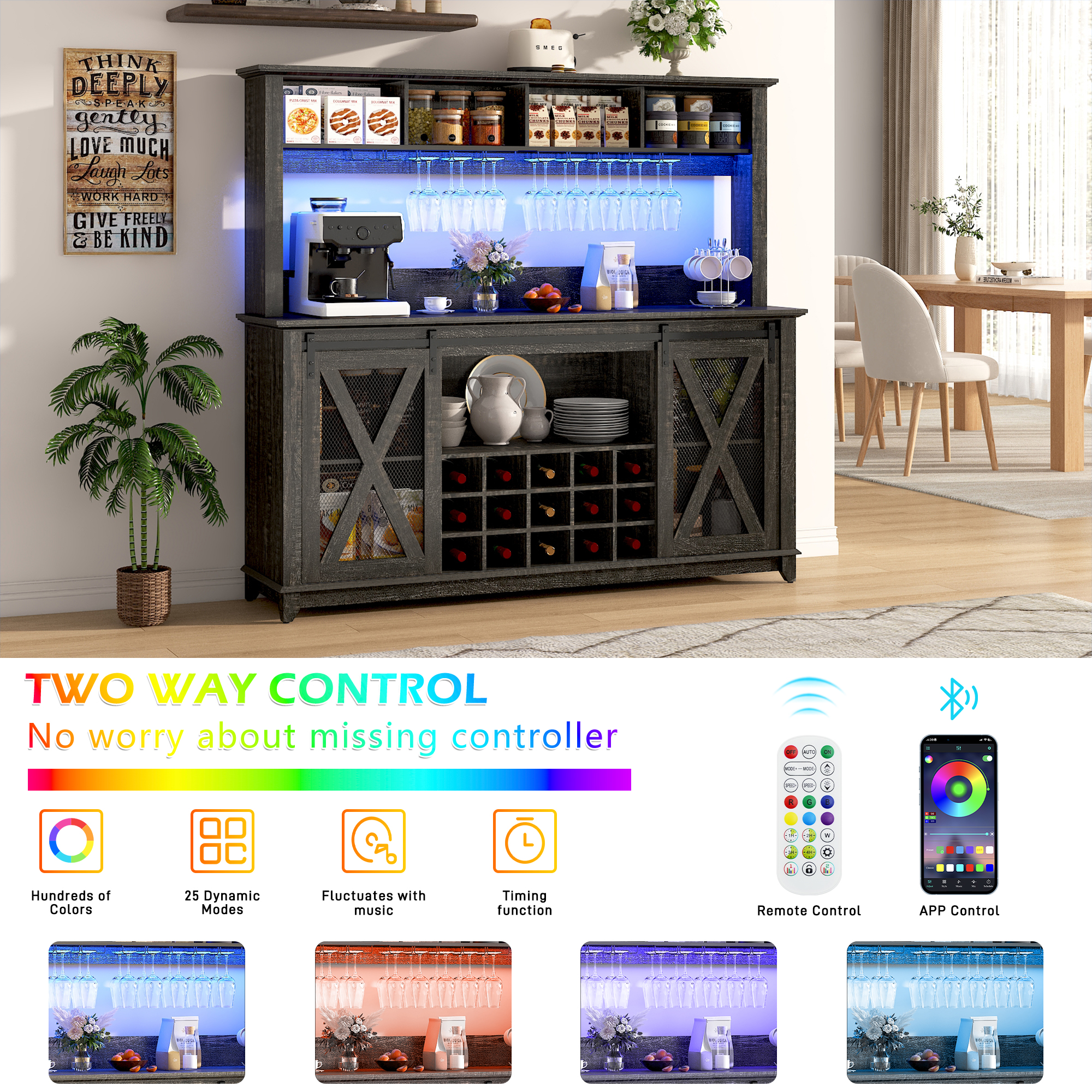 ANPOO 63"W Farmhouse Coffee Bar Cabinet Wine Rack and Storage, Tall Wine Bar Cabinet with 4 Tier Storage Hutch, Buffet Cabinet with LED Light and Glass Racks for Kitchen Dining Room