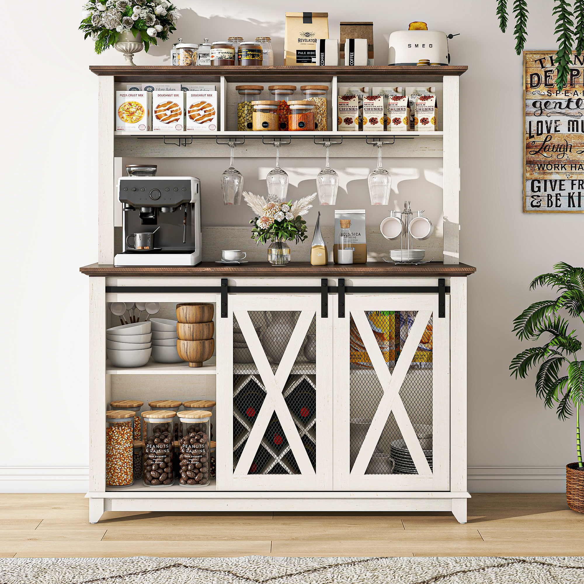 ANPOO 31.5"W Farmhouse Coffee Bar Cabinet Wine Rack and Storage, Tall Wine Bar Cabinet with 2 Tier Storage Hutch, Buffet Cabinet with LED Light and Glass Racks for Kitchen Dining Room