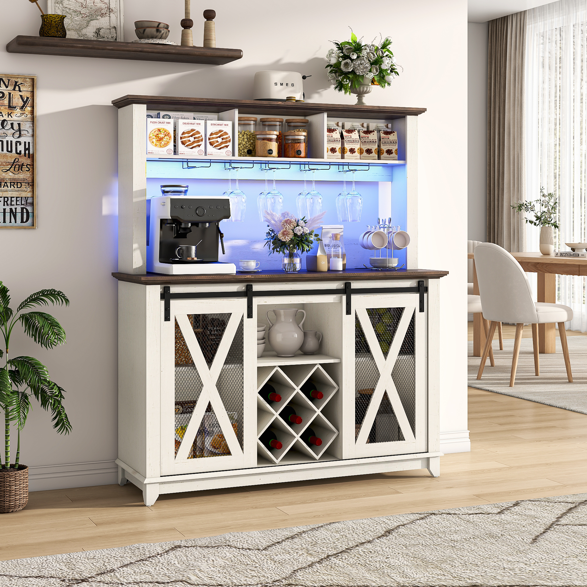ANPOO 31.5"W Farmhouse Coffee Bar Cabinet Wine Rack and Storage, Tall Wine Bar Cabinet with 2 Tier Storage Hutch, Buffet Cabinet with LED Light and Glass Racks for Kitchen Dining Room
