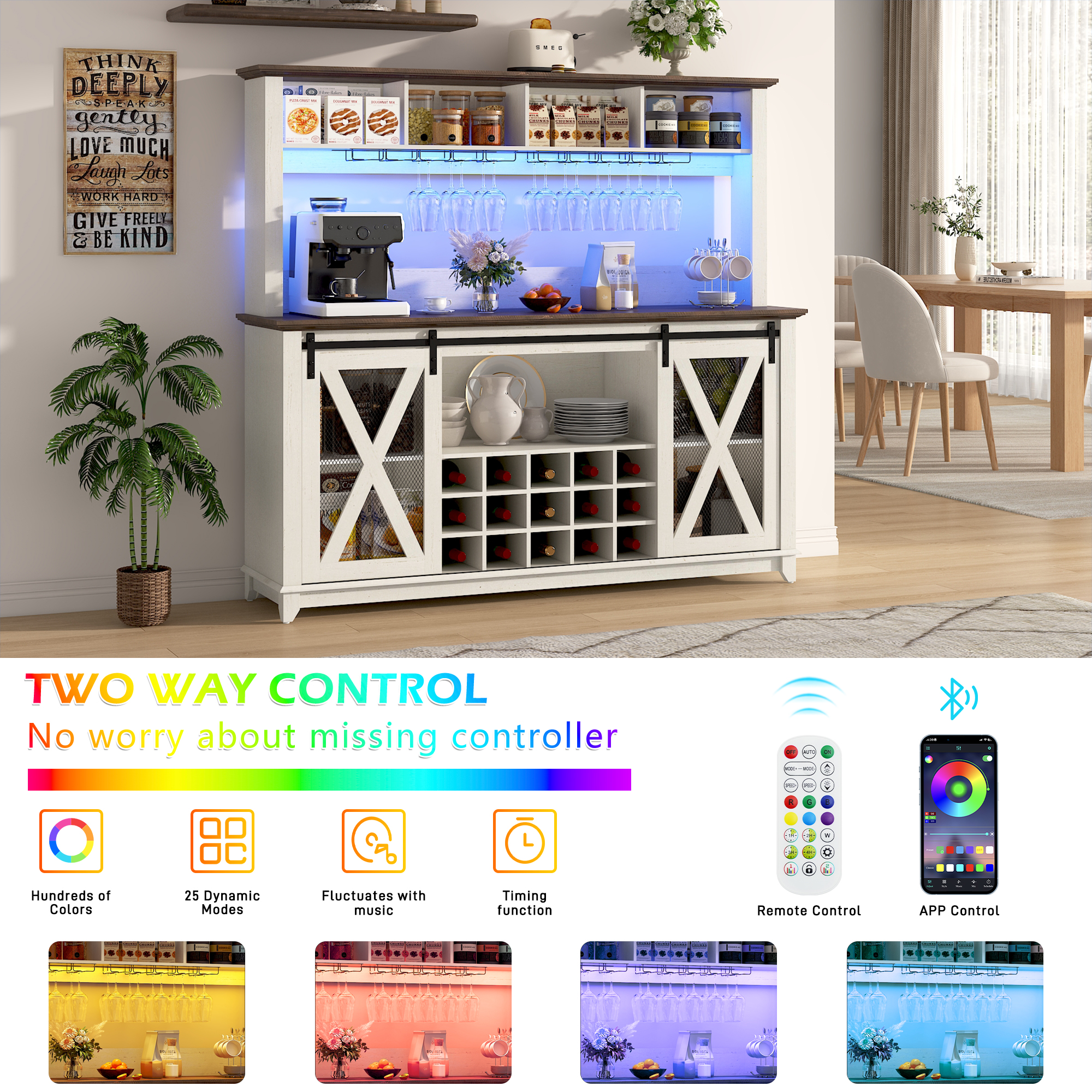 ANPOO 63"W Farmhouse Coffee Bar Cabinet Wine Rack and Storage, Tall Wine Bar Cabinet with 4 Tier Storage Hutch, Buffet Cabinet with LED Light and Glass Racks for Kitchen Dining Room