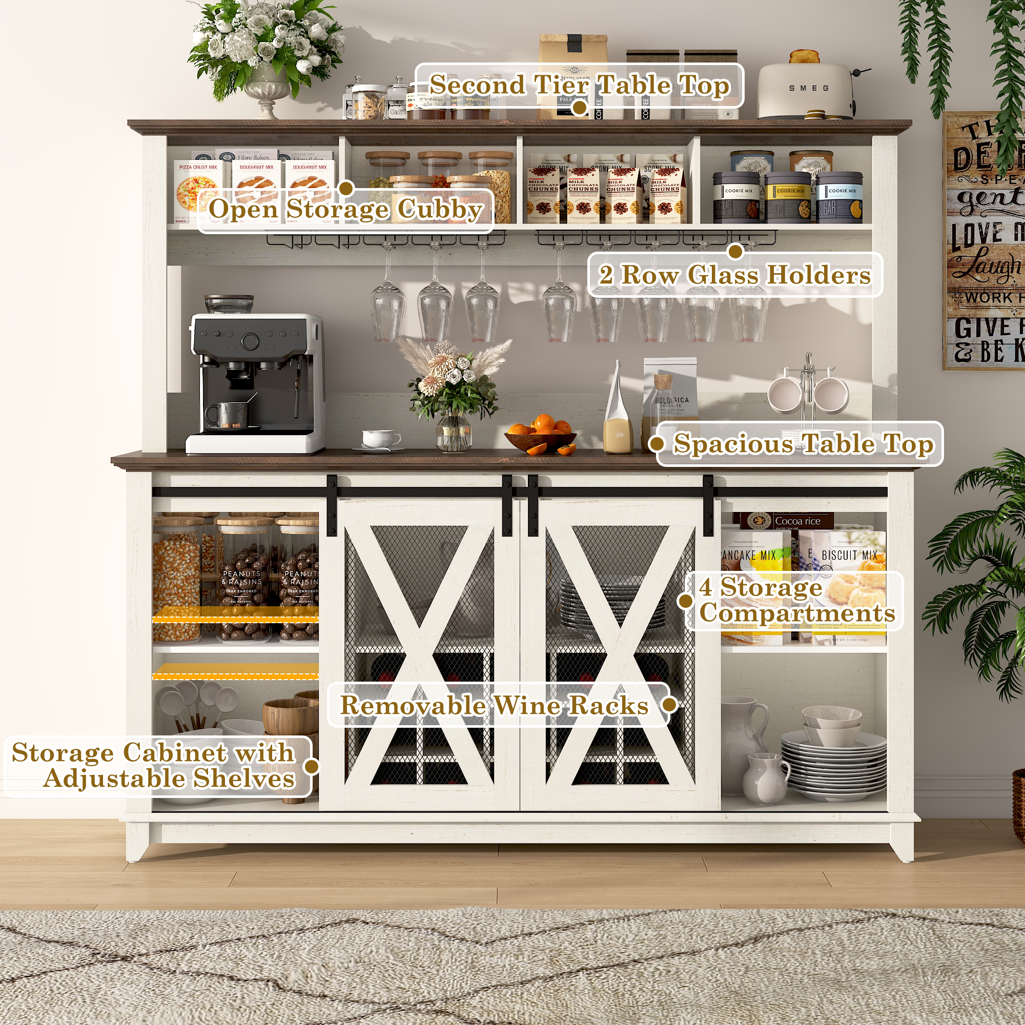 ANPOO 63"W Farmhouse Coffee Bar Cabinet Wine Rack and Storage, Tall Wine Bar Cabinet with 4 Tier Storage Hutch, Buffet Cabinet with LED Light and Glass Racks for Kitchen Dining Room