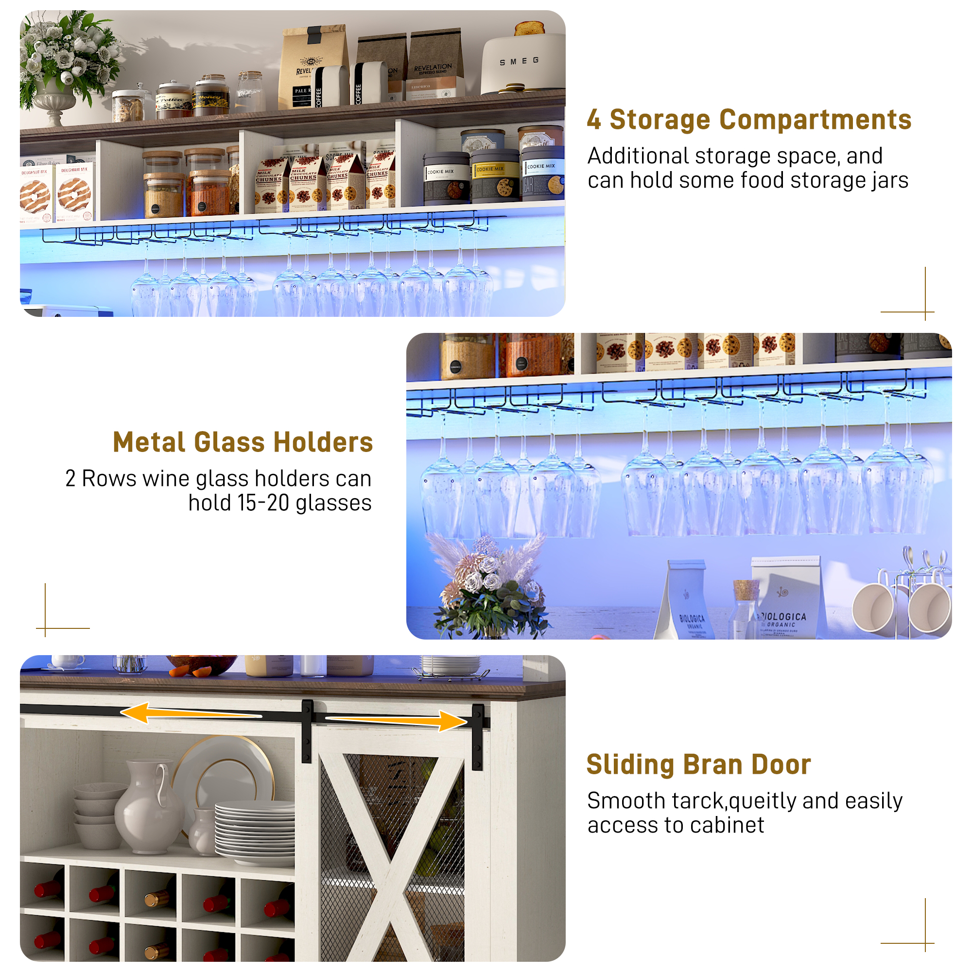 ANPOO 63"W Farmhouse Coffee Bar Cabinet Wine Rack and Storage, Tall Wine Bar Cabinet with 4 Tier Storage Hutch, Buffet Cabinet with LED Light and Glass Racks for Kitchen Dining Room