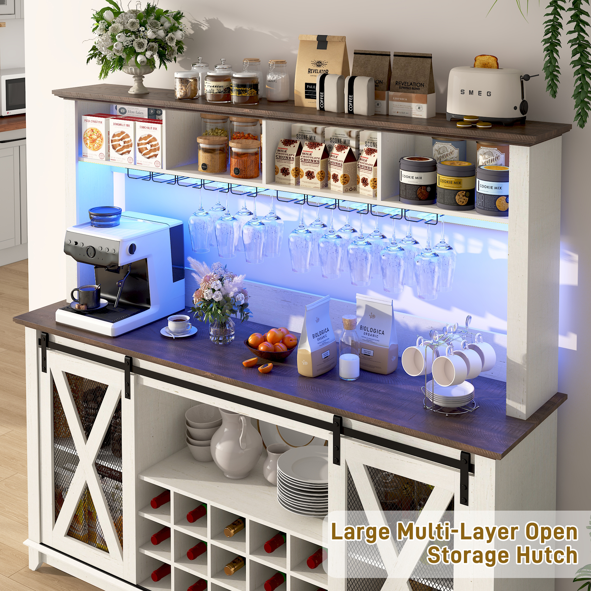 ANPOO 63"W Farmhouse Coffee Bar Cabinet Wine Rack and Storage, Tall Wine Bar Cabinet with 4 Tier Storage Hutch, Buffet Cabinet with LED Light and Glass Racks for Kitchen Dining Room