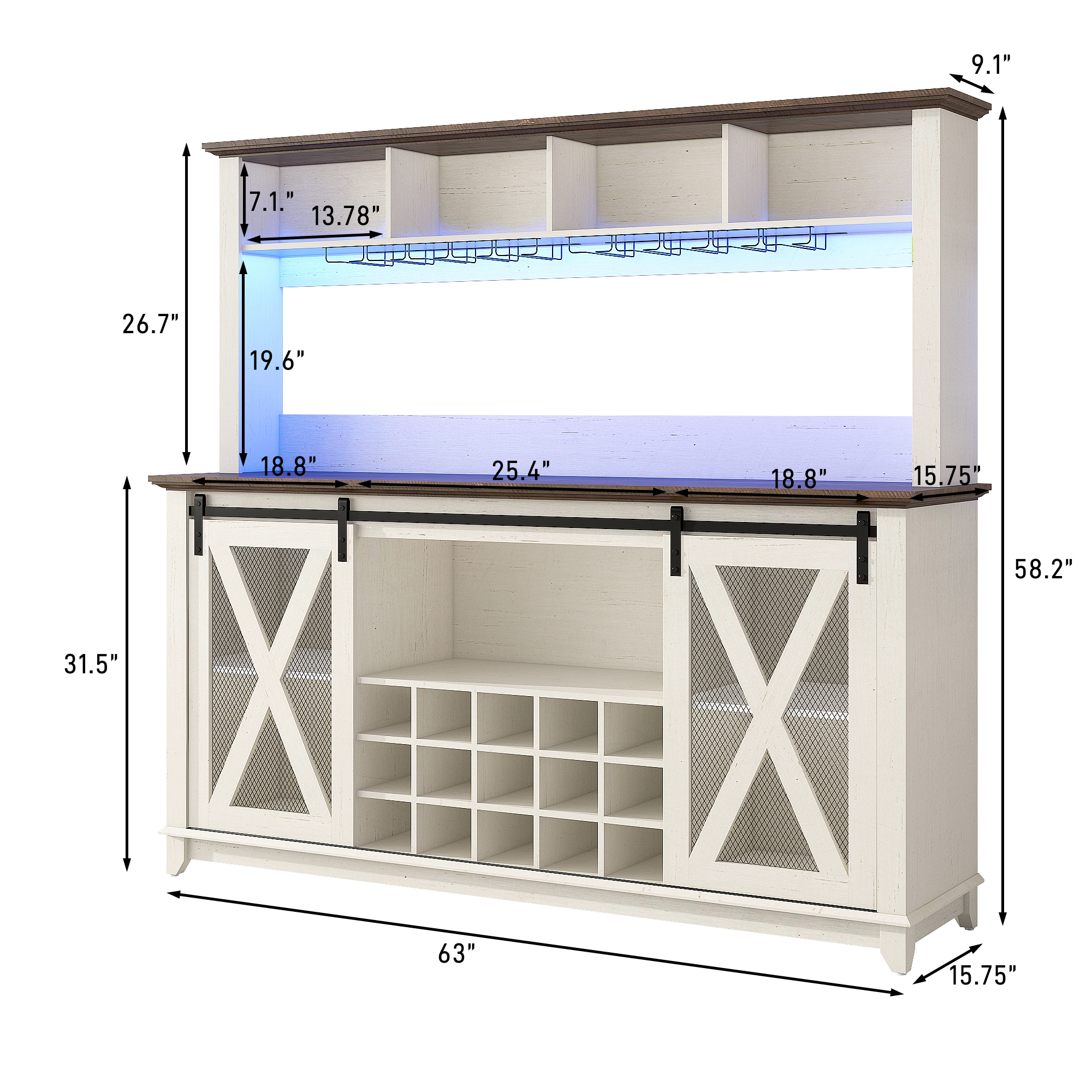 ANPOO 63"W Farmhouse Coffee Bar Cabinet Wine Rack and Storage, Tall Wine Bar Cabinet with 4 Tier Storage Hutch, Buffet Cabinet with LED Light and Glass Racks for Kitchen Dining Room