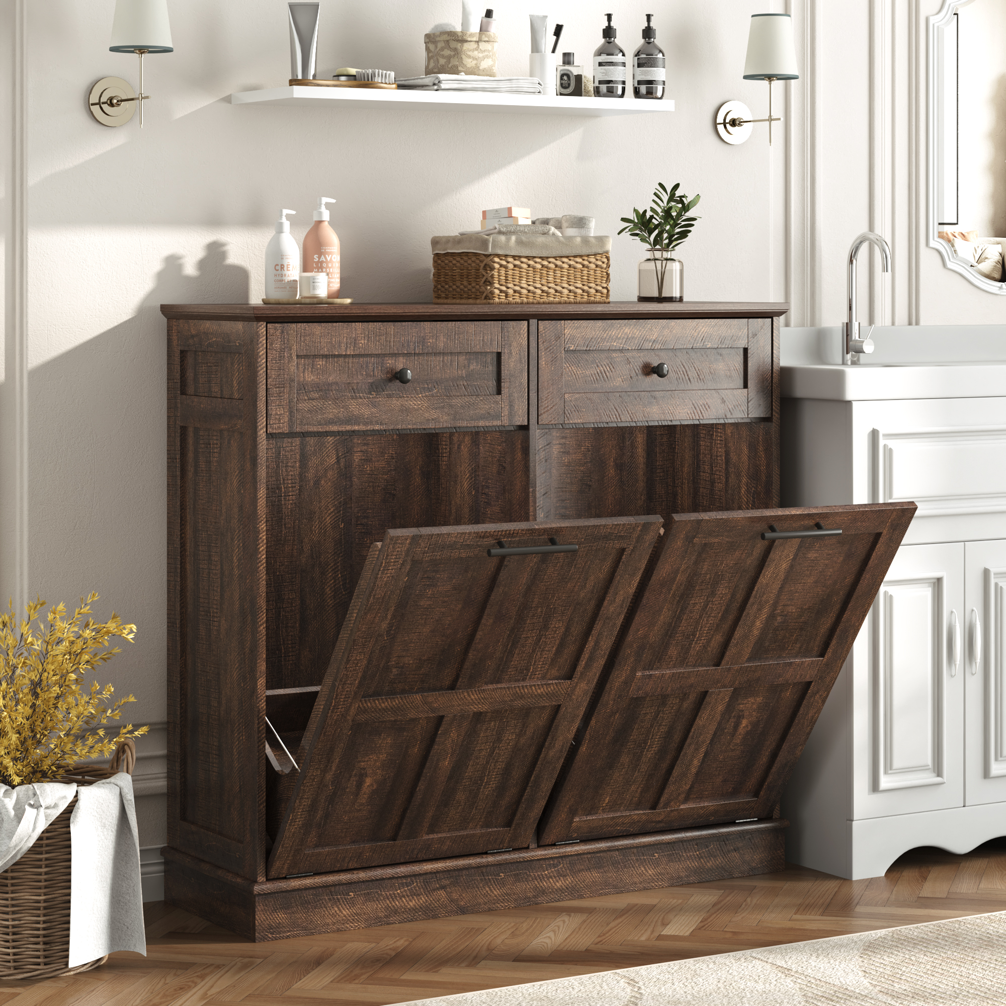 Double Tilt Trash Cabinet, 20 Gallon Trash Can, 2 Hidden Drawers, Kitchen Hidden Trash Can with Flip Cover,Suitable for Kitchen, House, Apartment, Dormitory, Laundry Room