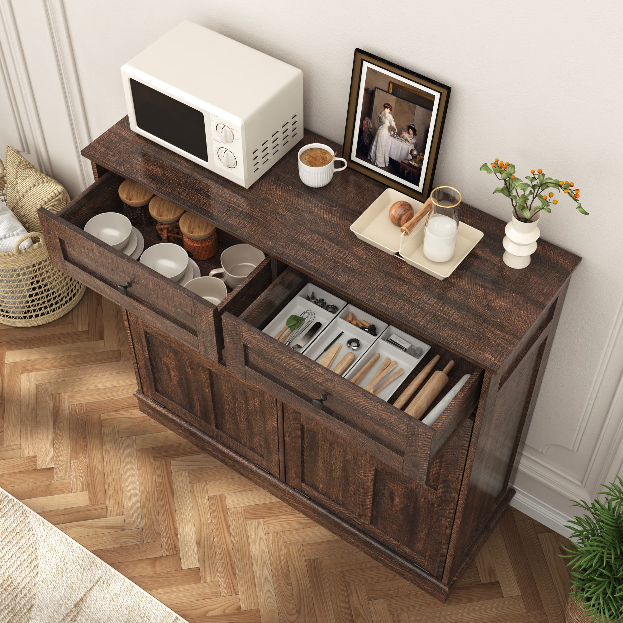 Double Tilt Trash Cabinet, 20 Gallon Trash Can, 2 Hidden Drawers, Kitchen Hidden Trash Can with Flip Cover,Suitable for Kitchen, House, Apartment, Dormitory, Laundry Room