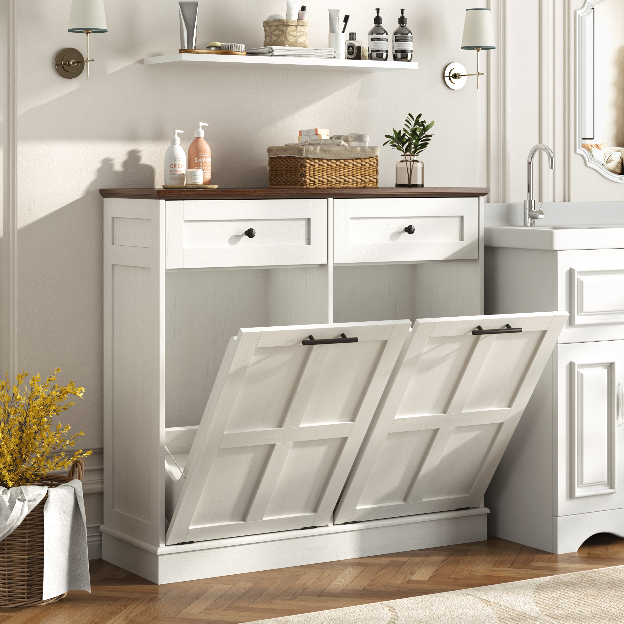 Double Tilt Trash Cabinet, 20 Gallon Trash Can, 2 Hidden Drawers, Kitchen Hidden Trash Can with Flip Cover,Suitable for Kitchen, House, Apartment, Dormitory, Laundry Room