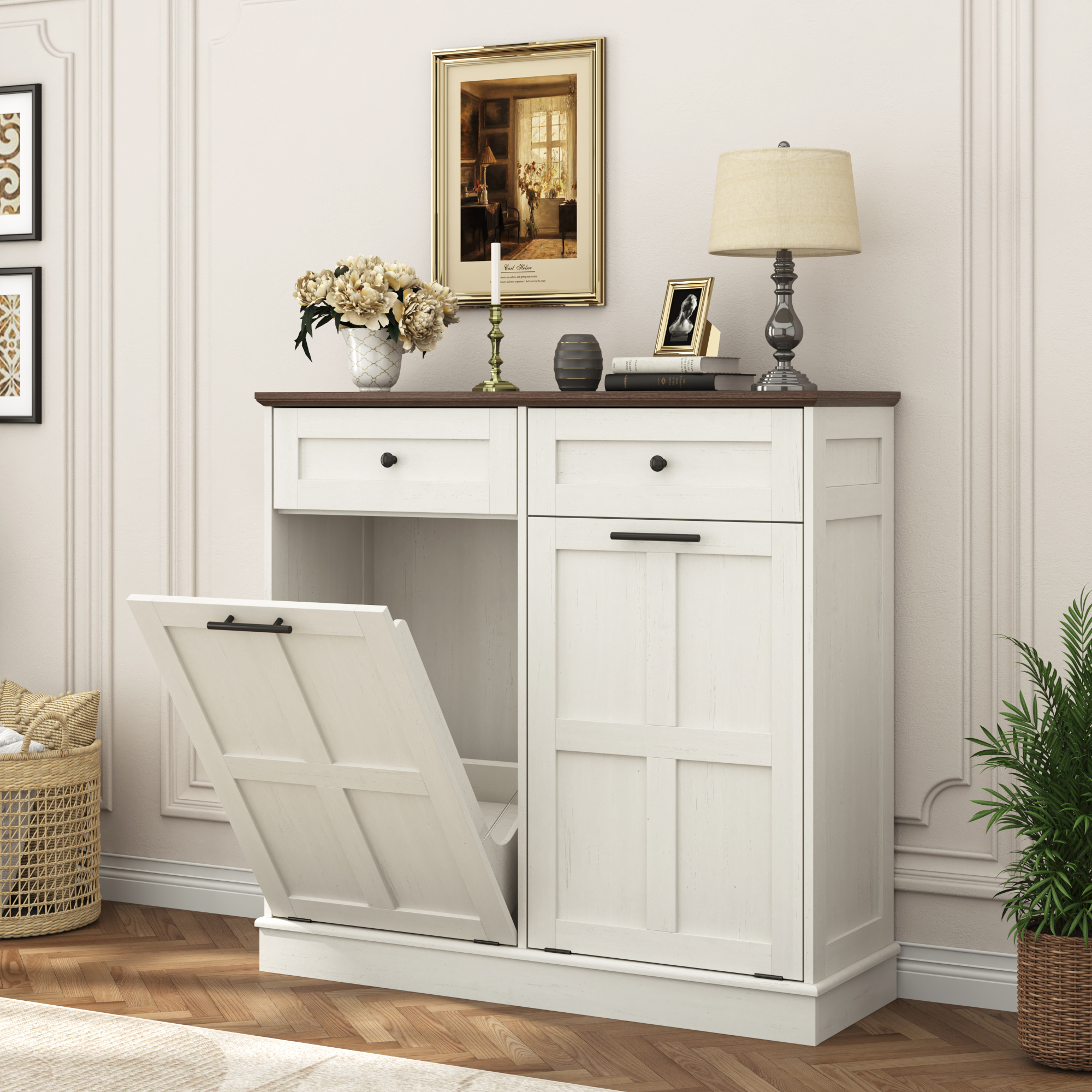 Double Tilt Trash Cabinet, 20 Gallon Trash Can, 2 Hidden Drawers, Kitchen Hidden Trash Can with Flip Cover,Suitable for Kitchen, House, Apartment, Dormitory, Laundry Room