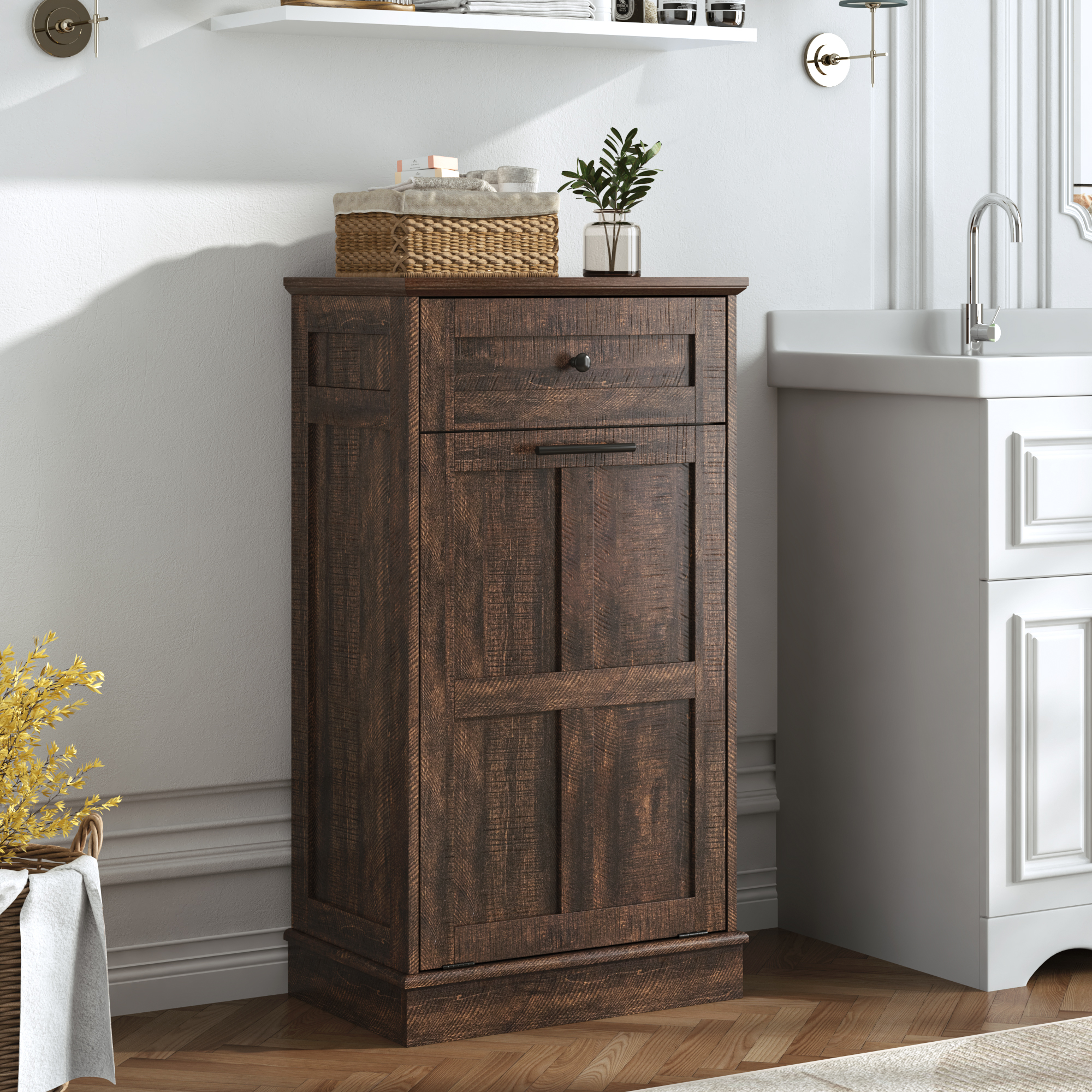  10 Gallon Tilt Out Trash Cabinet, Hidden Wooden Trash Can with Drawer, Pet Proof Freestanding Kitchen Recycling Cabinet for Kitchen, Kitchen, Living Room