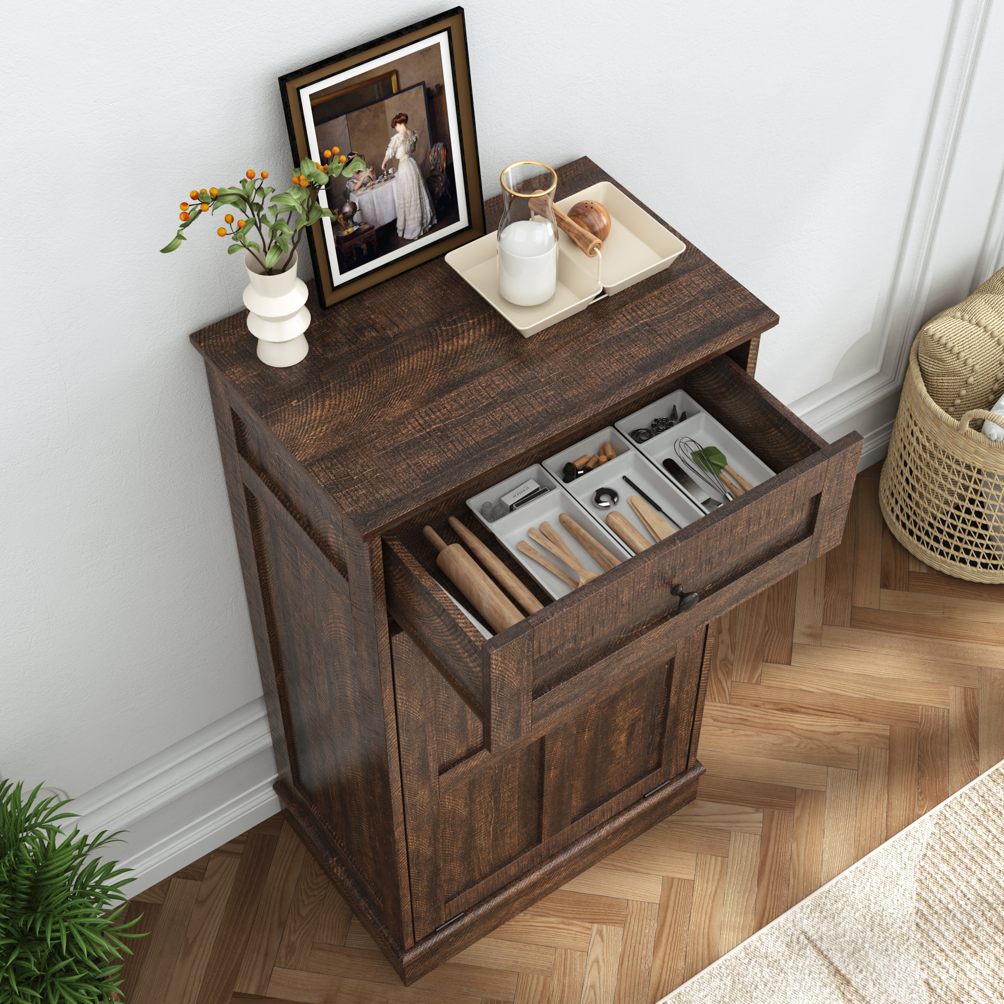  10 Gallon Tilt Out Trash Cabinet, Hidden Wooden Trash Can with Drawer, Pet Proof Freestanding Kitchen Recycling Cabinet for Kitchen, Kitchen, Living Room