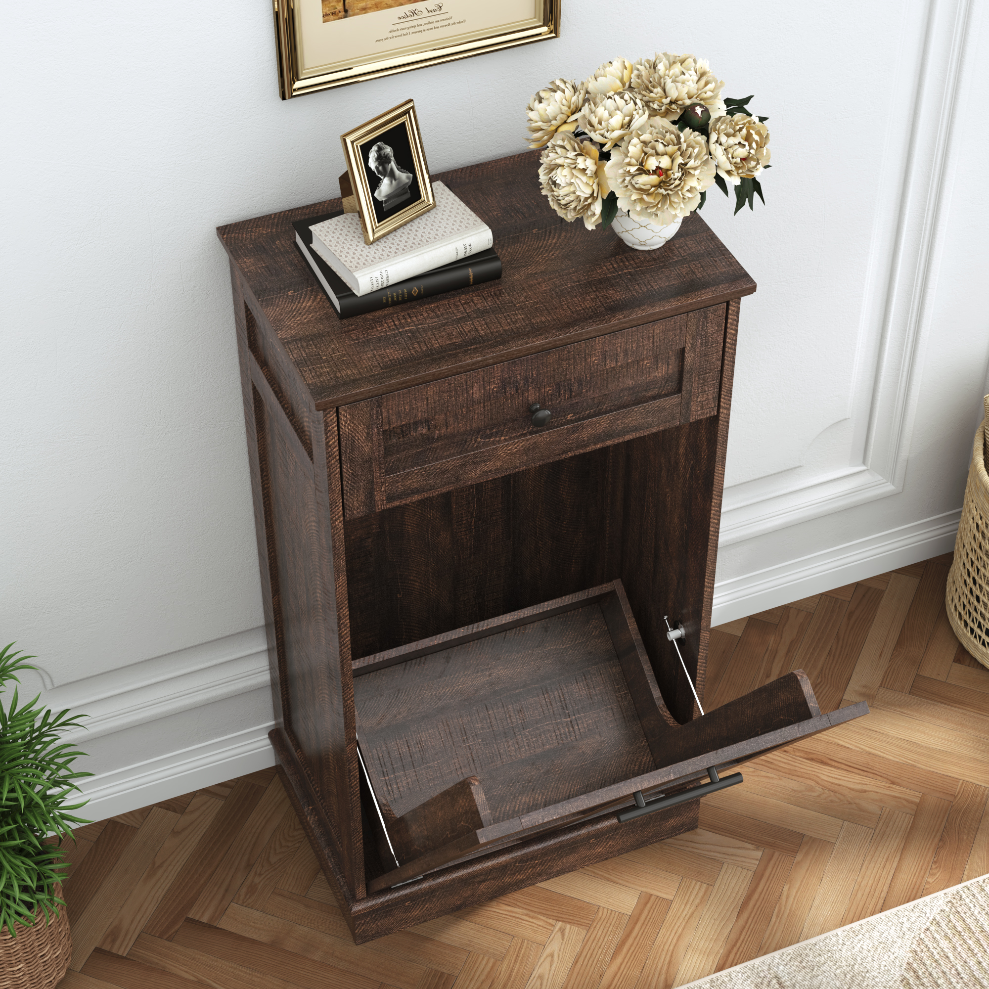  10 Gallon Tilt Out Trash Cabinet, Hidden Wooden Trash Can with Drawer, Pet Proof Freestanding Kitchen Recycling Cabinet for Kitchen, Kitchen, Living Room