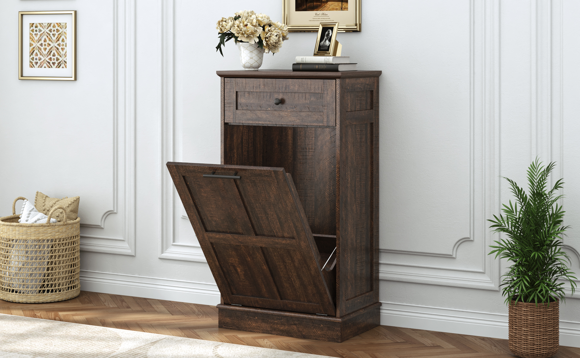  10 Gallon Tilt Out Trash Cabinet, Hidden Wooden Trash Can with Drawer, Pet Proof Freestanding Kitchen Recycling Cabinet for Kitchen, Kitchen, Living Room