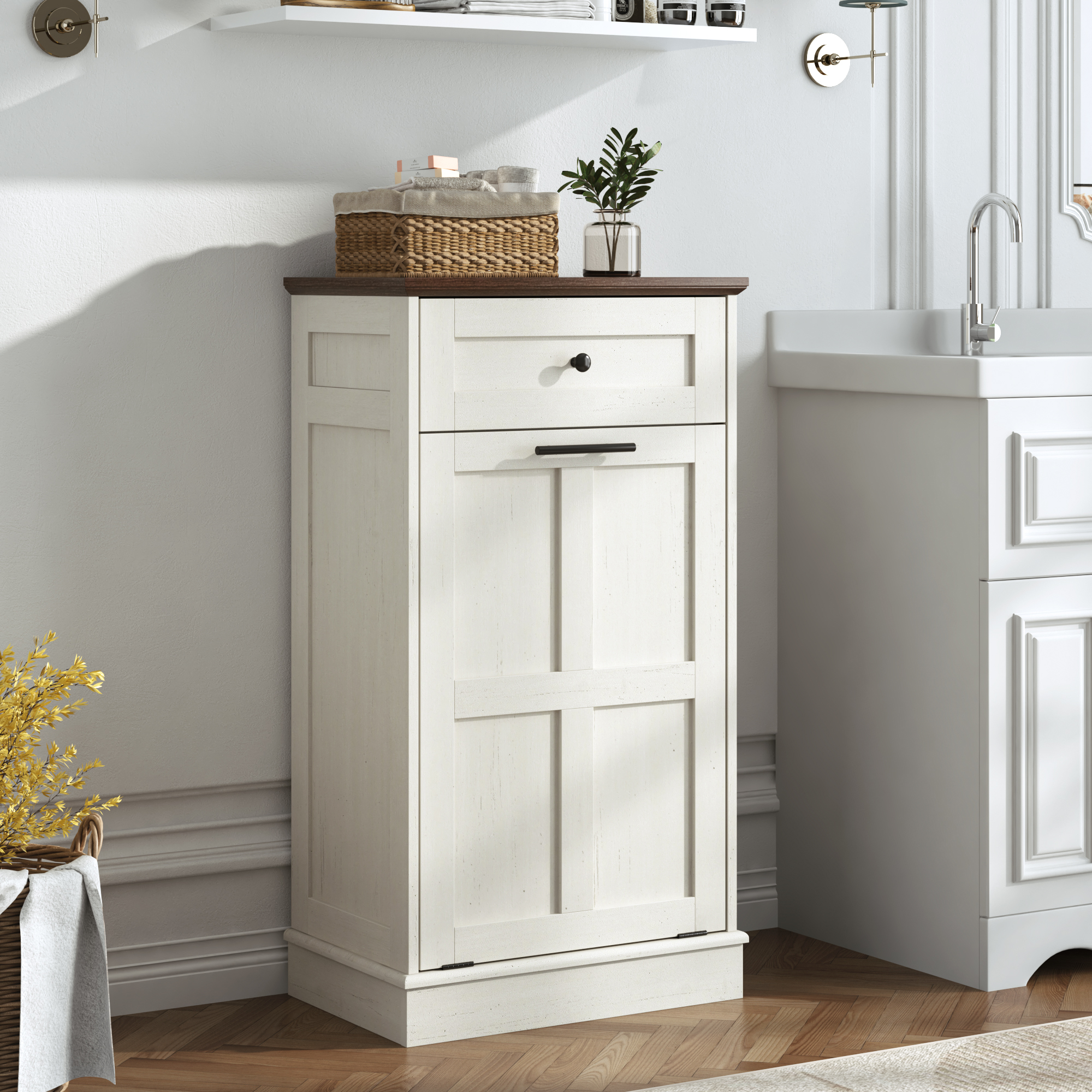  10 Gallon Tilt Out Trash Cabinet, Hidden Wooden Trash Can with Drawer, Pet Proof Freestanding Kitchen Recycling Cabinet for Kitchen, Kitchen, Living Room