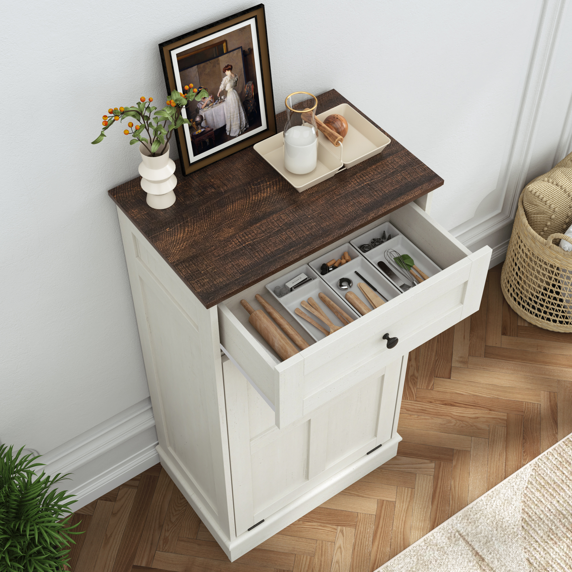  10 Gallon Tilt Out Trash Cabinet, Hidden Wooden Trash Can with Drawer, Pet Proof Freestanding Kitchen Recycling Cabinet for Kitchen, Kitchen, Living Room