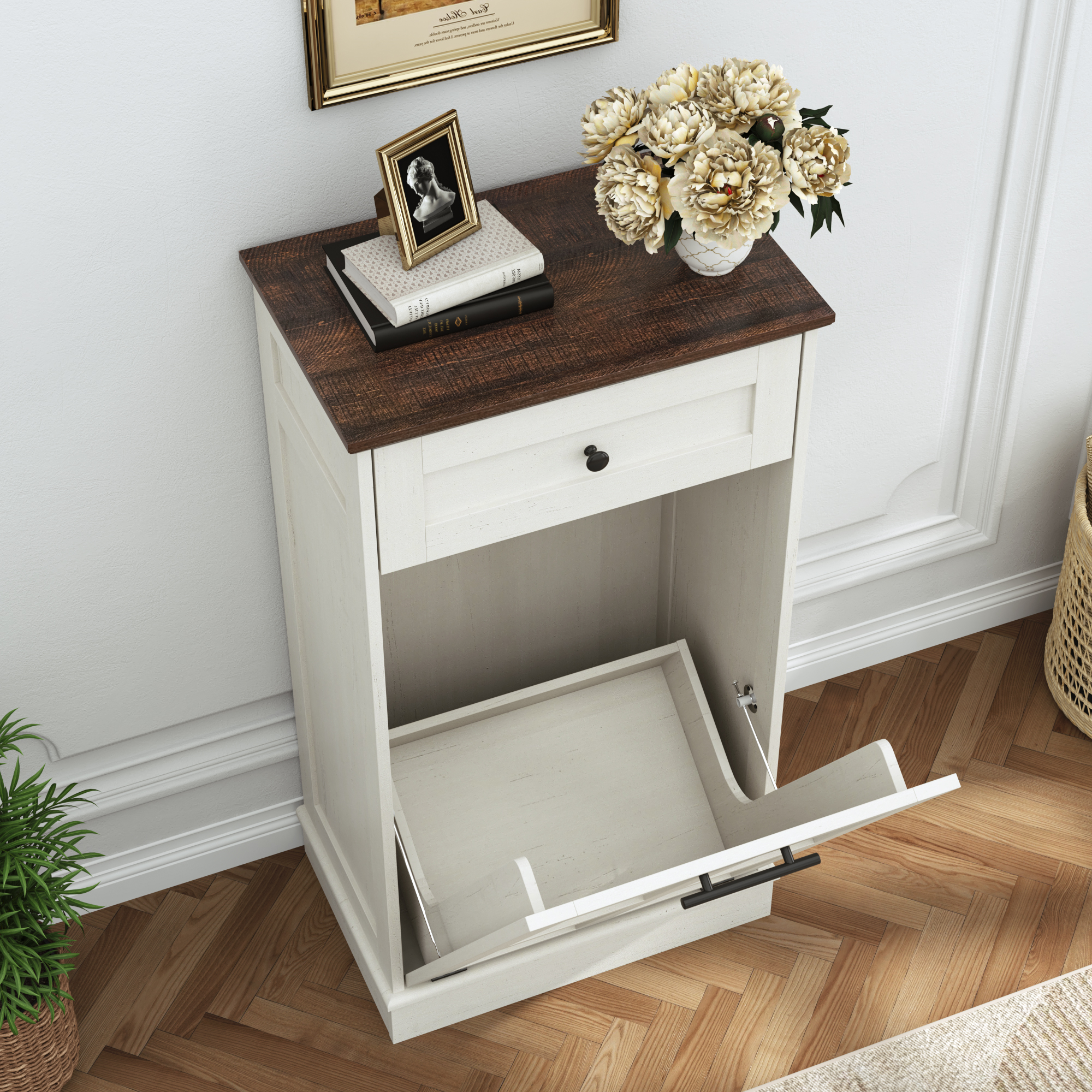  10 Gallon Tilt Out Trash Cabinet, Hidden Wooden Trash Can with Drawer, Pet Proof Freestanding Kitchen Recycling Cabinet for Kitchen, Kitchen, Living Room