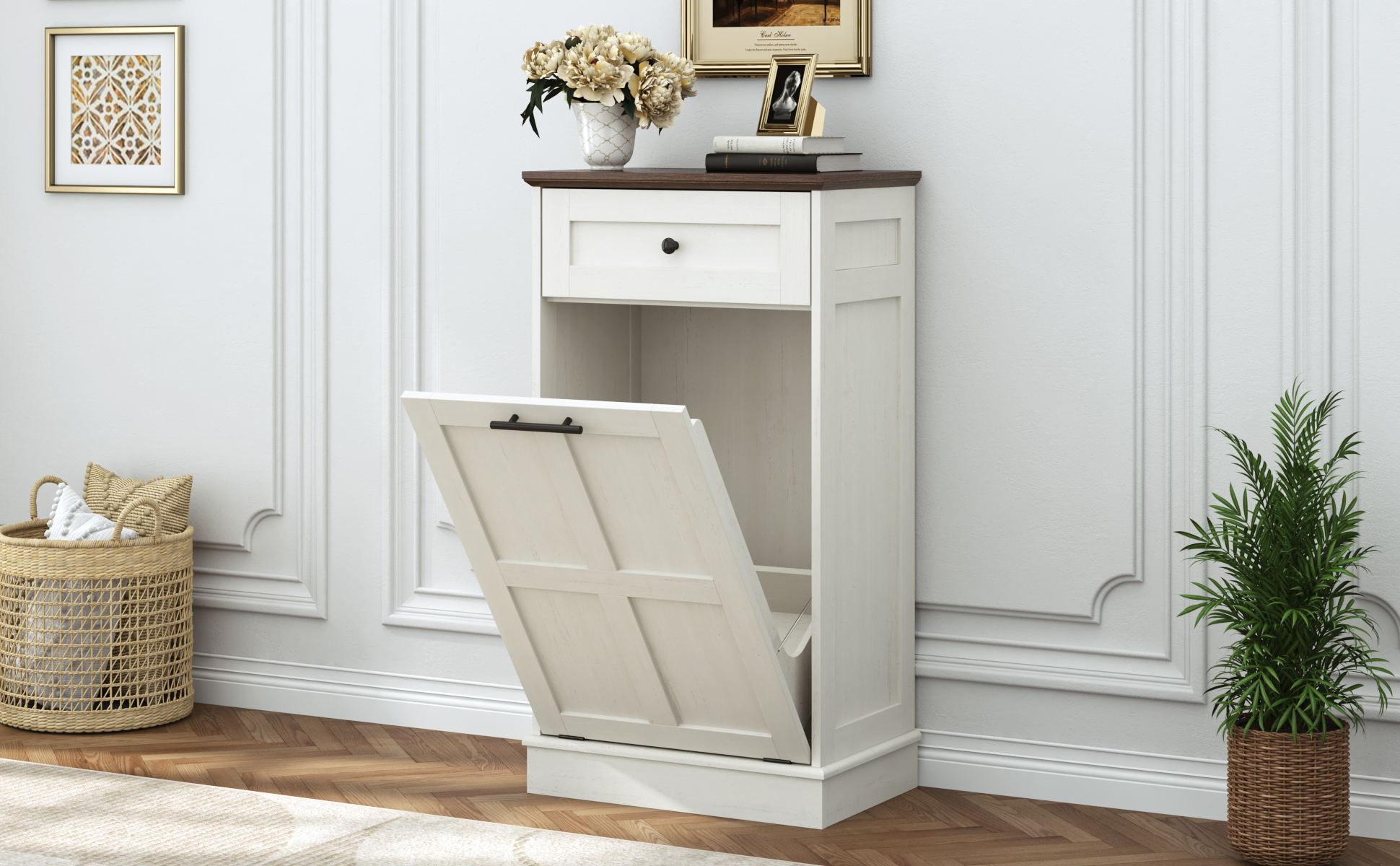  10 Gallon Tilt Out Trash Cabinet, Hidden Wooden Trash Can with Drawer, Pet Proof Freestanding Kitchen Recycling Cabinet for Kitchen, Kitchen, Living Room