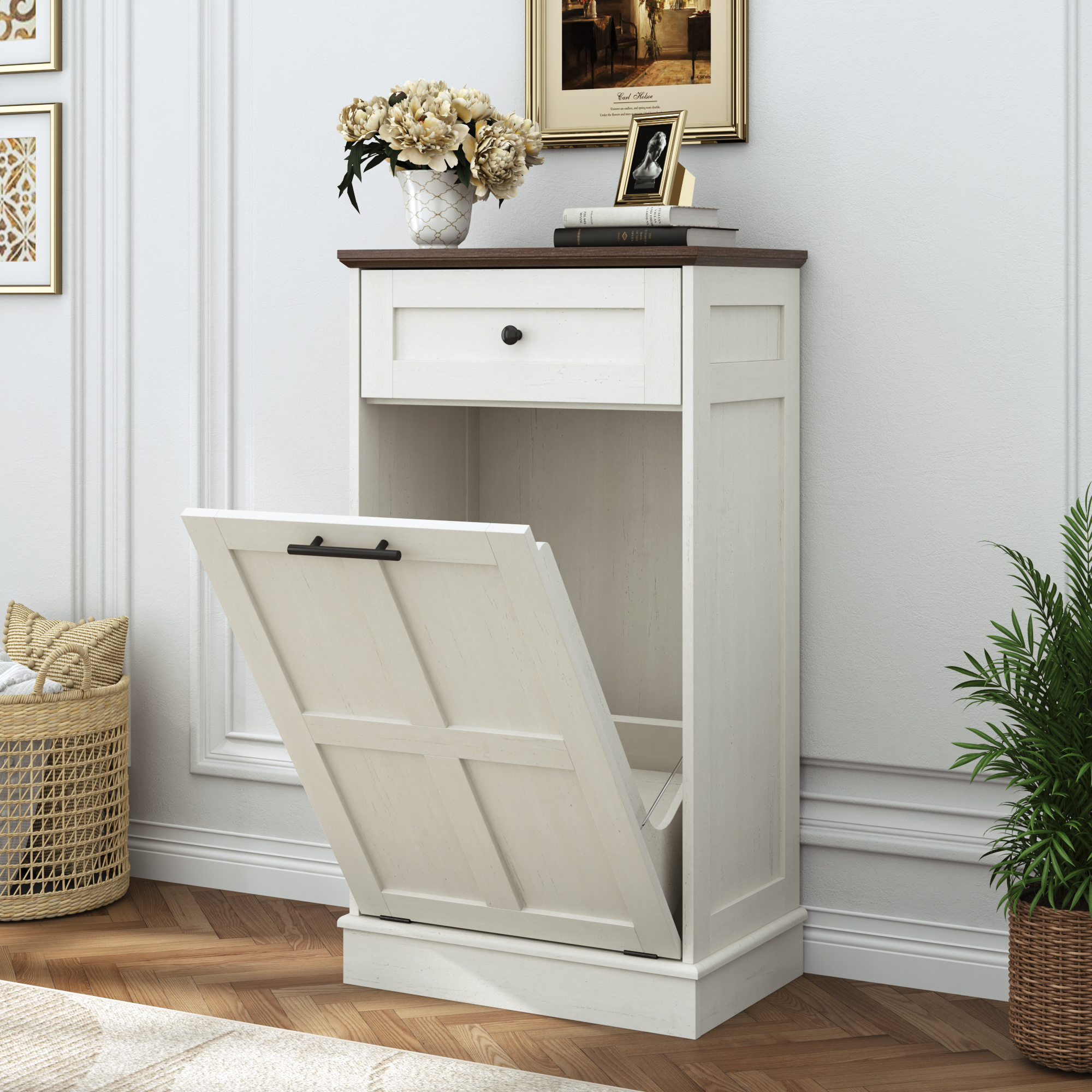  10 Gallon Tilt Out Trash Cabinet, Hidden Wooden Trash Can with Drawer, Pet Proof Freestanding Kitchen Recycling Cabinet for Kitchen, Kitchen, Living Room