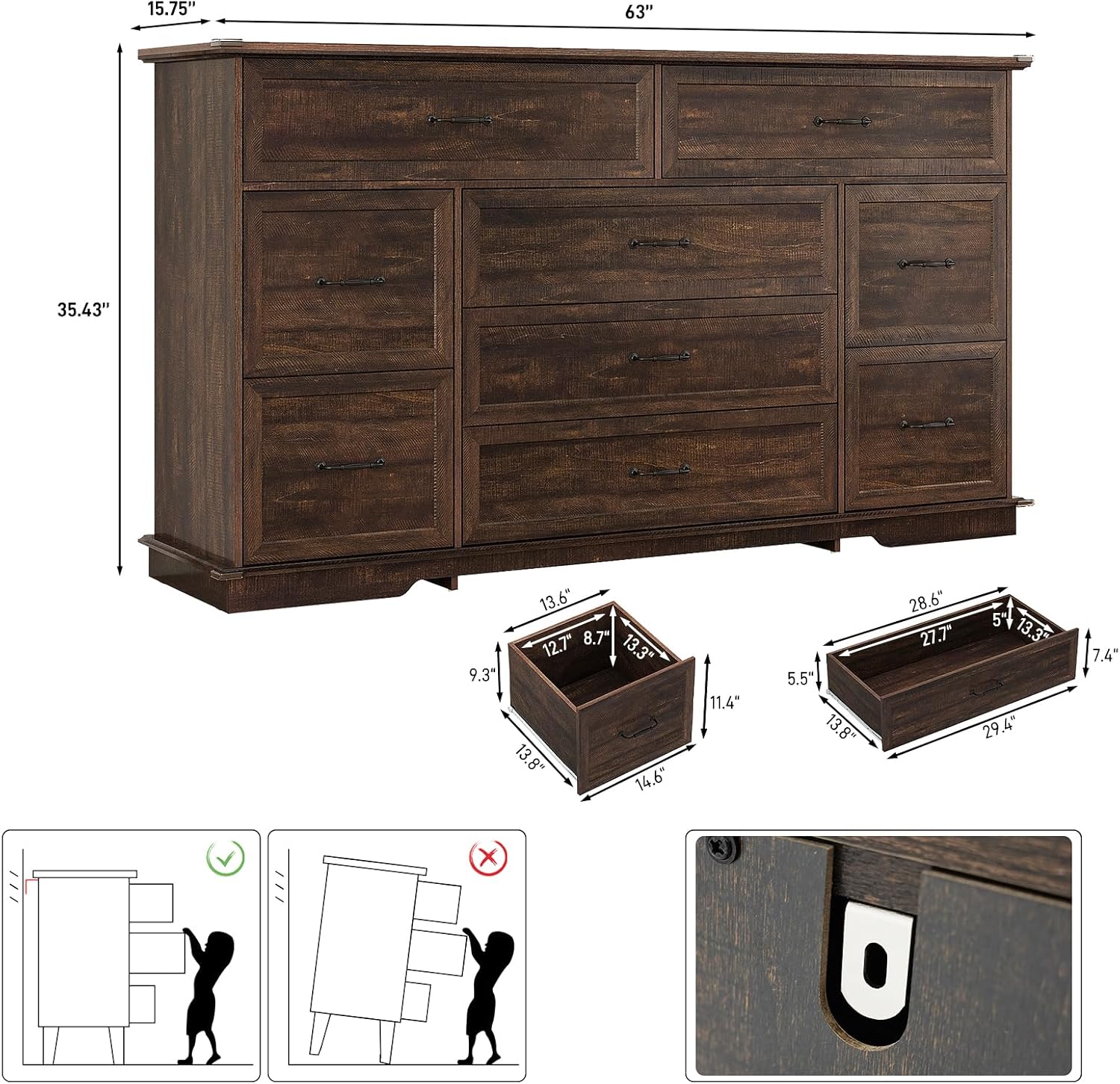 ChVans 9 Drawer Dresser with Power Outlets, 63"