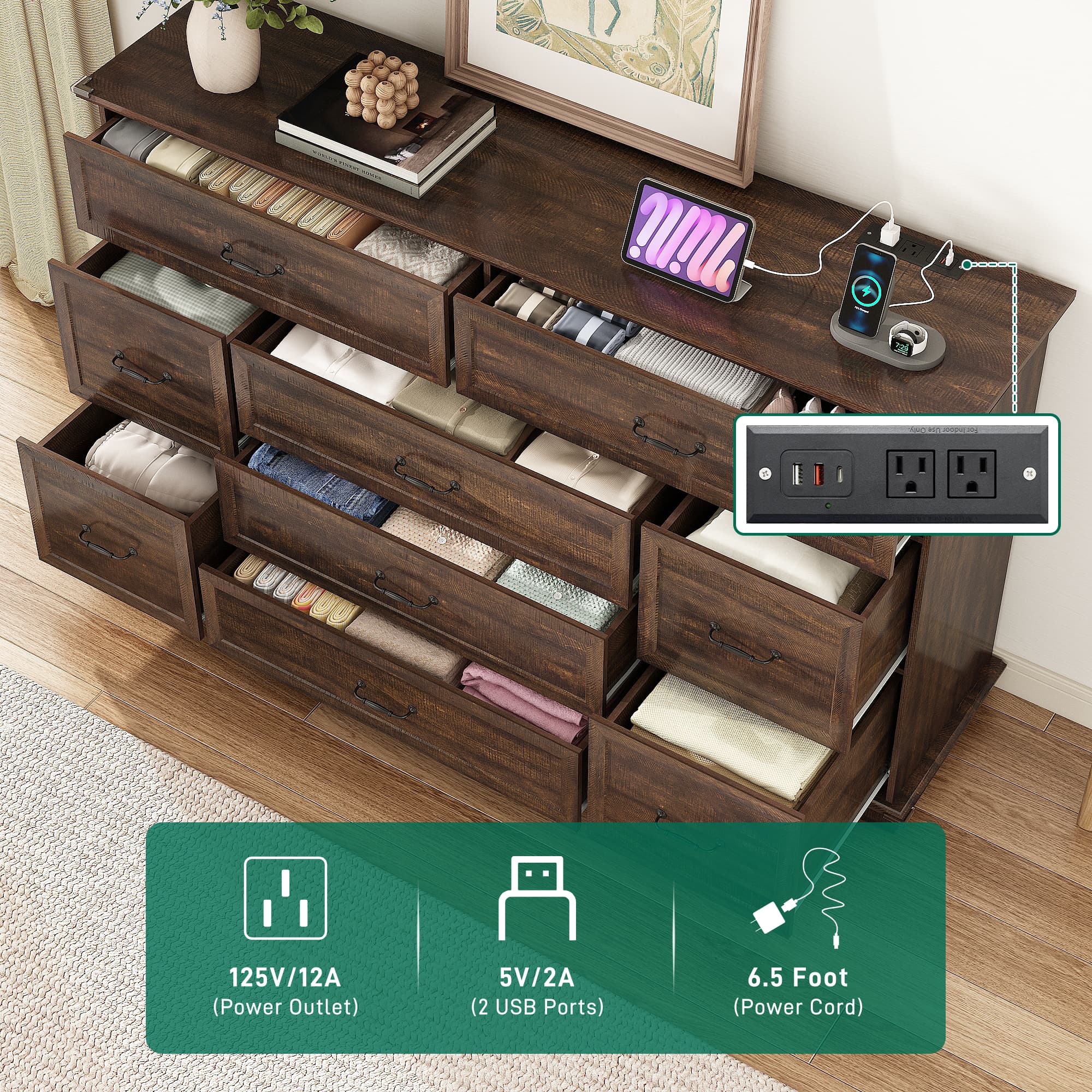 ChVans 9 Drawer Dresser with Power Outlets, 63"