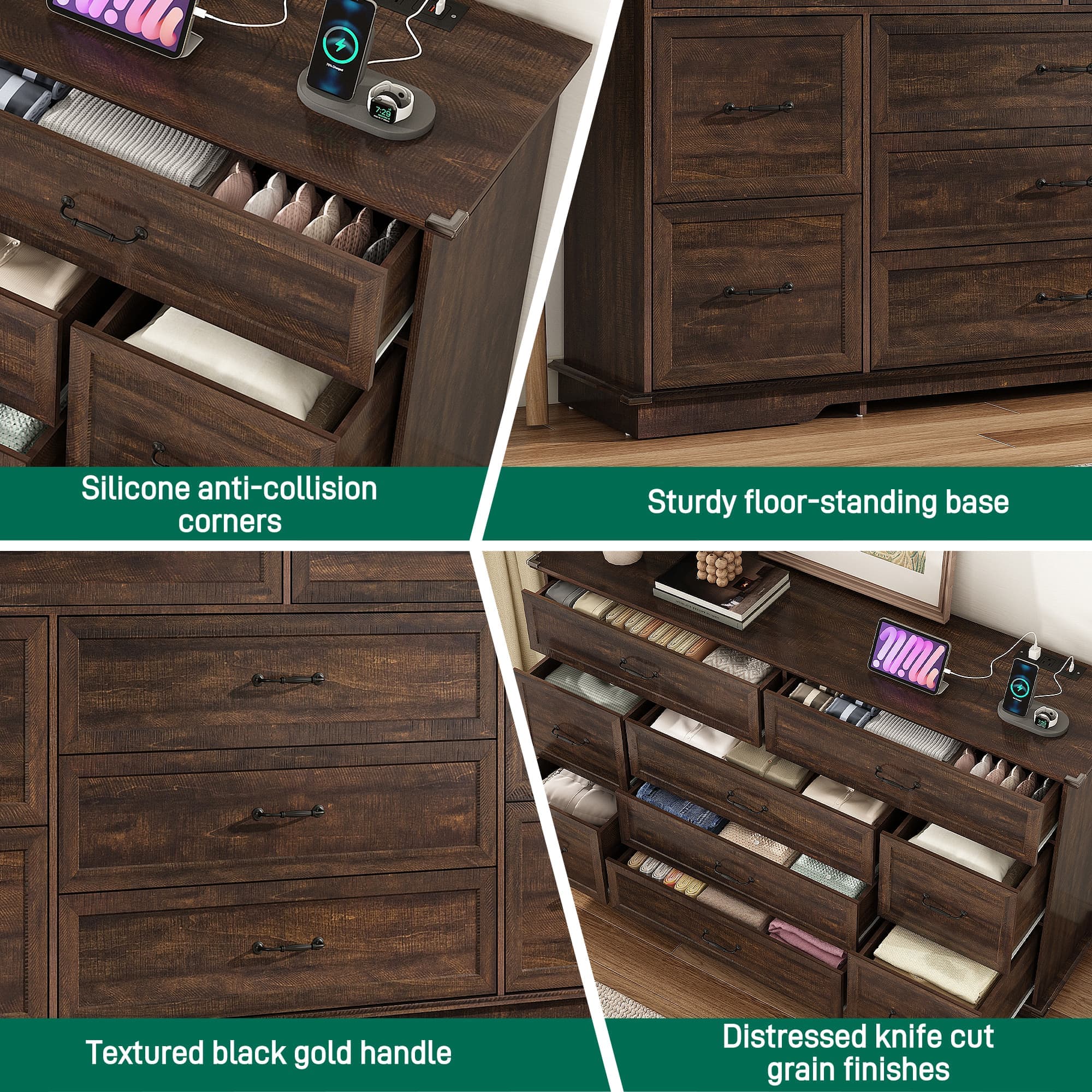 ChVans 9 Drawer Dresser with Power Outlets, 63"