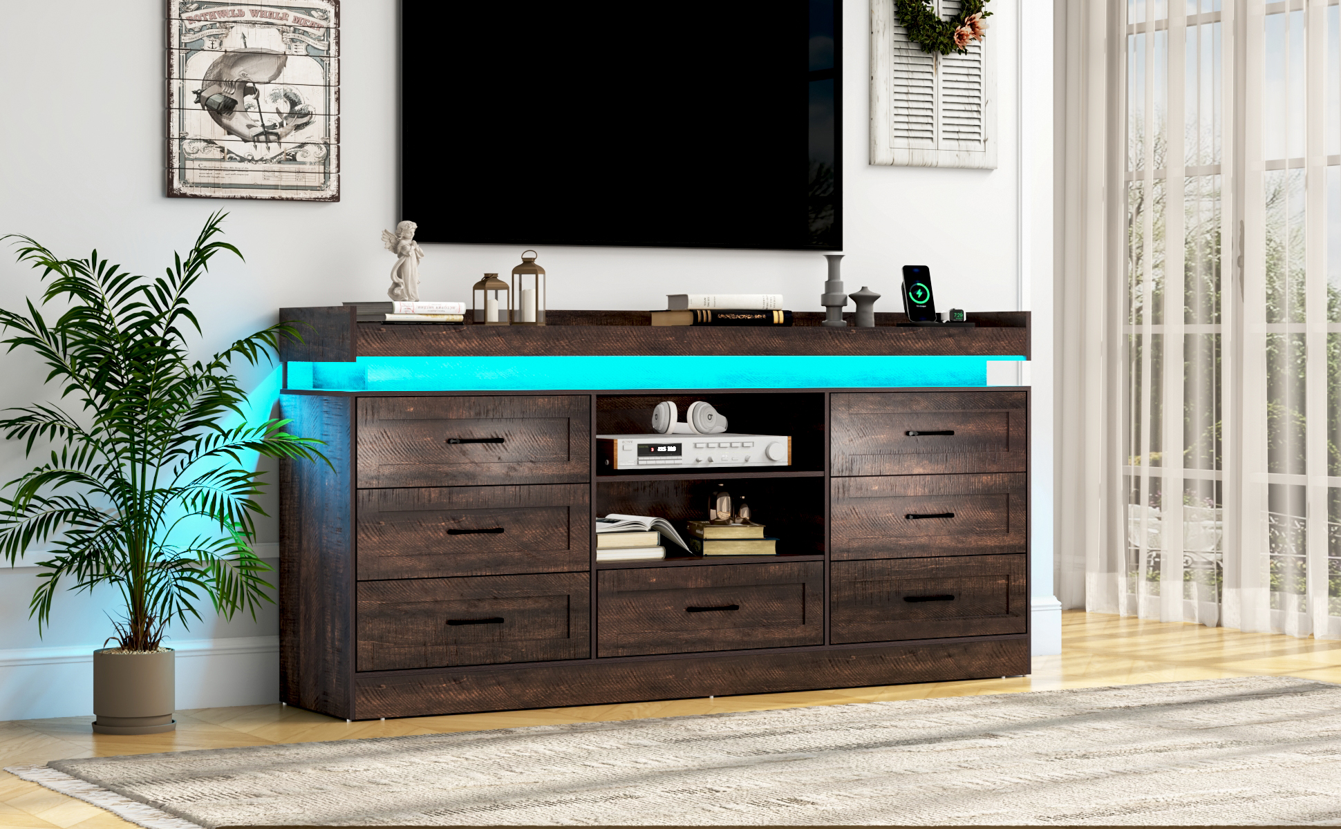 70" Farmhouse TV Stand for 80/75/70 Inch TVs, Dresser TV Stand with Power Outlet and LED light, 35" Tall Entertainment Center with 7 drawers for Living Room, Bedroom