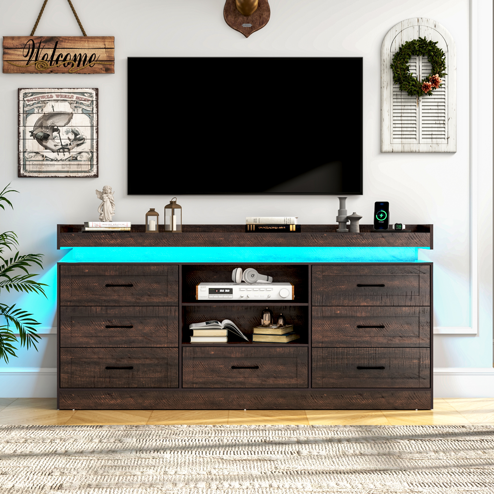 70" Farmhouse TV Stand for 80/75/70 Inch TVs, Dresser TV Stand with Power Outlet and LED light, 35" Tall Entertainment Center with 7 drawers for Living Room, Bedroom