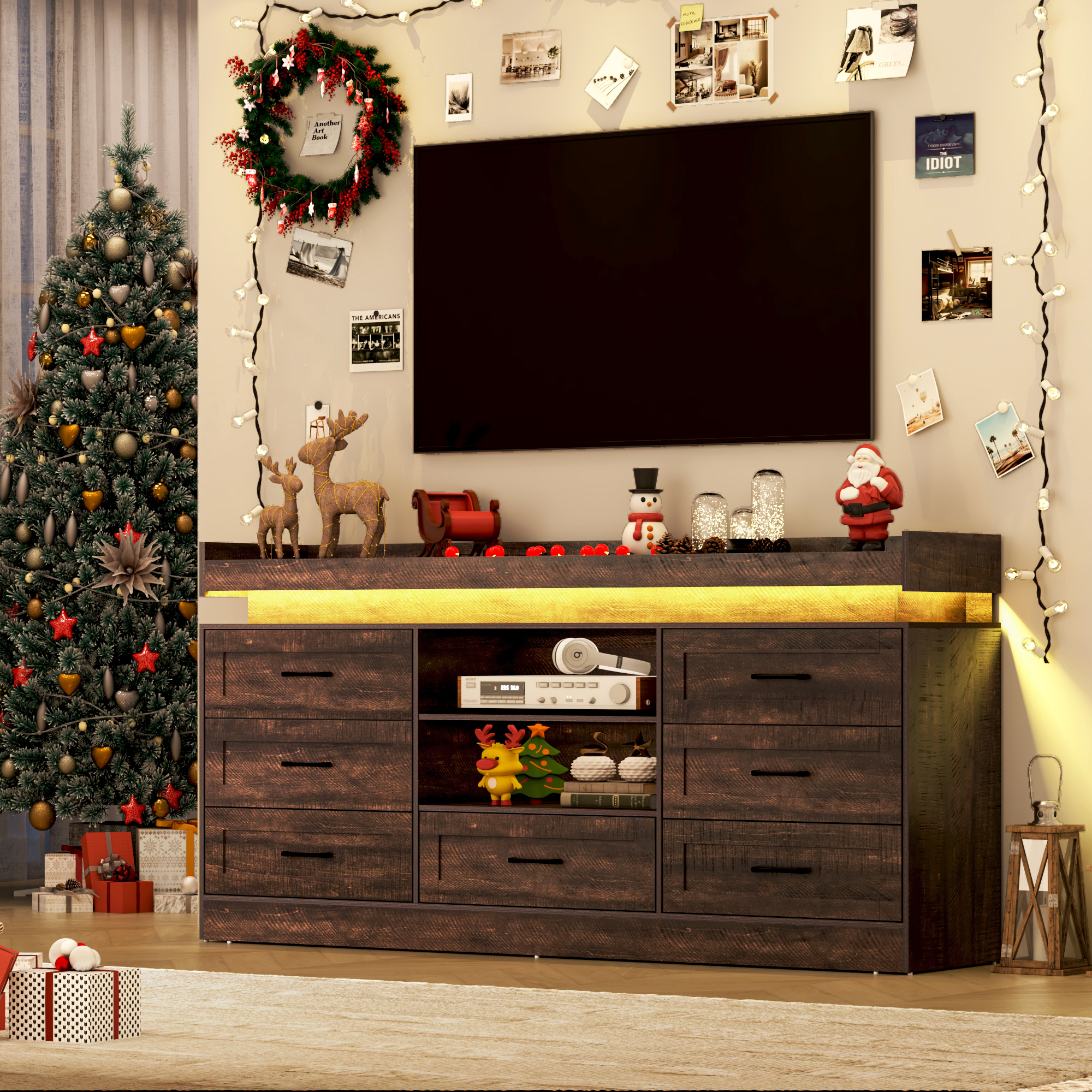 70" Farmhouse TV Stand for 80/75/70 Inch TVs, Dresser TV Stand with Power Outlet and LED light, 35" Tall Entertainment Center with 7 drawers for Living Room, Bedroom