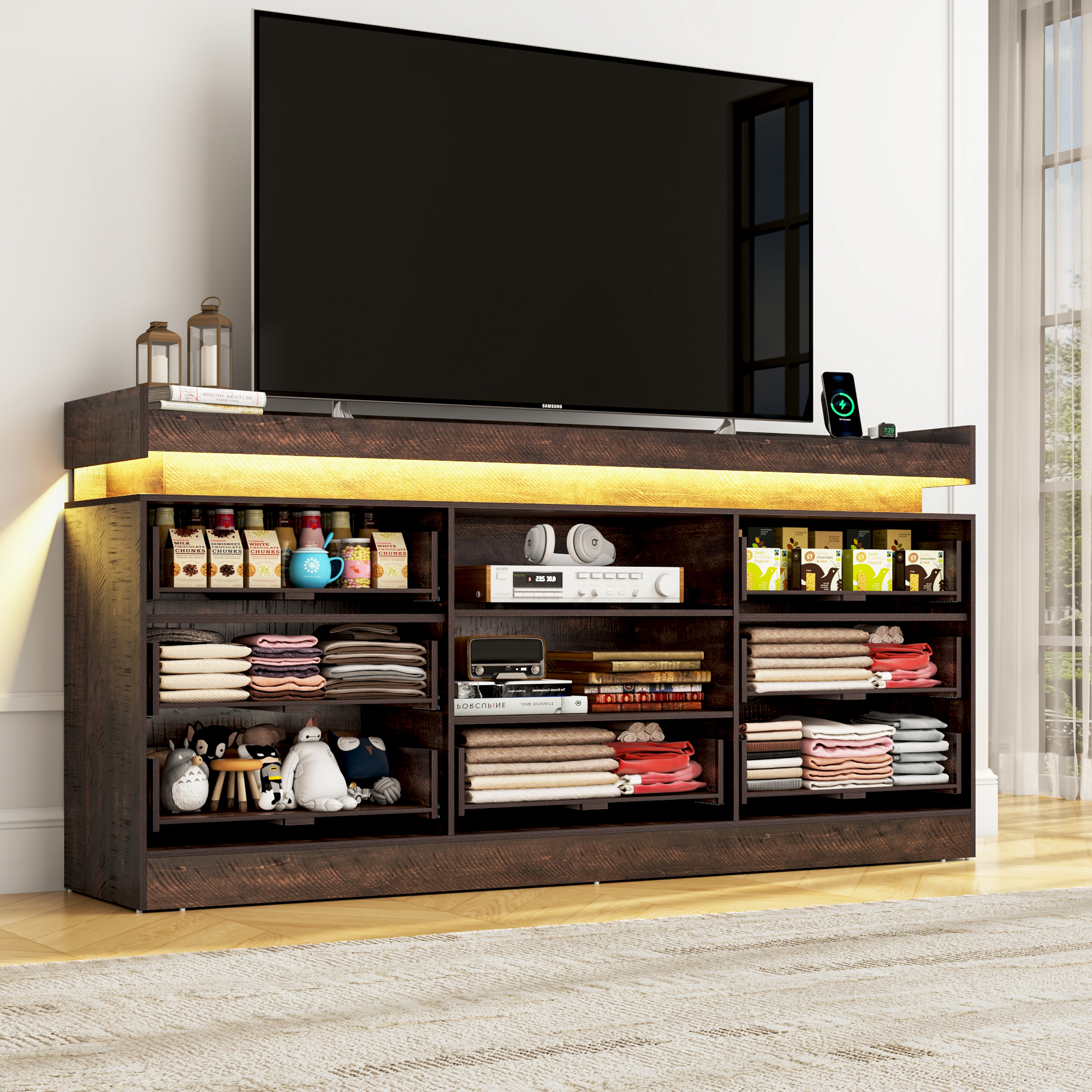 70" Farmhouse TV Stand for 80/75/70 Inch TVs, Dresser TV Stand with Power Outlet and LED light, 35" Tall Entertainment Center with 7 drawers for Living Room, Bedroom