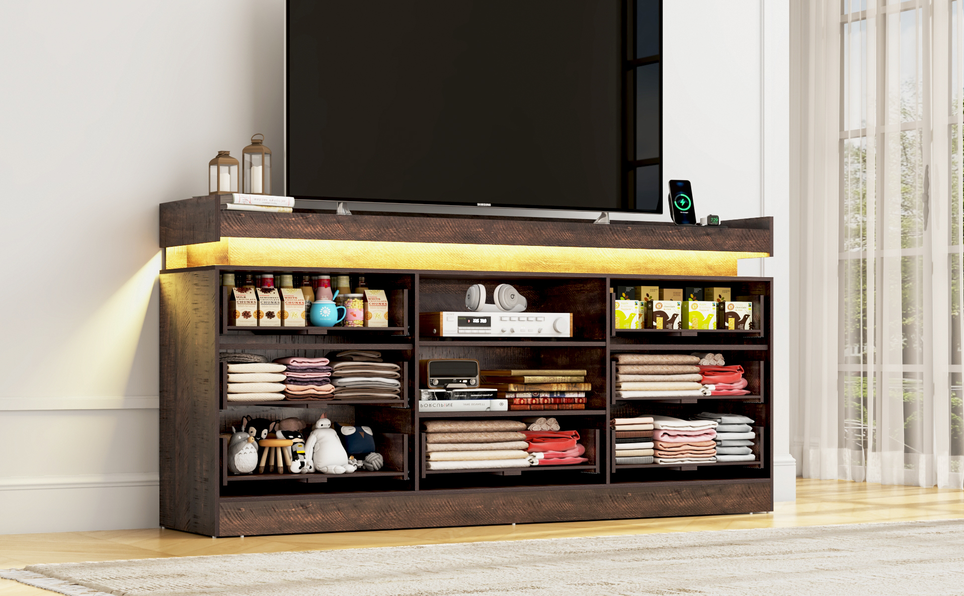 70" Farmhouse TV Stand for 80/75/70 Inch TVs, Dresser TV Stand with Power Outlet and LED light, 35" Tall Entertainment Center with 7 drawers for Living Room, Bedroom