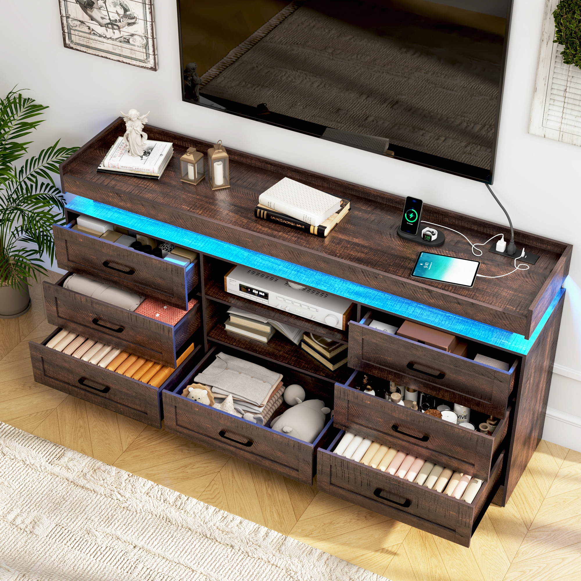 70" Farmhouse TV Stand for 80/75/70 Inch TVs, Dresser TV Stand with Power Outlet and LED light, 35" Tall Entertainment Center with 7 drawers for Living Room, Bedroom