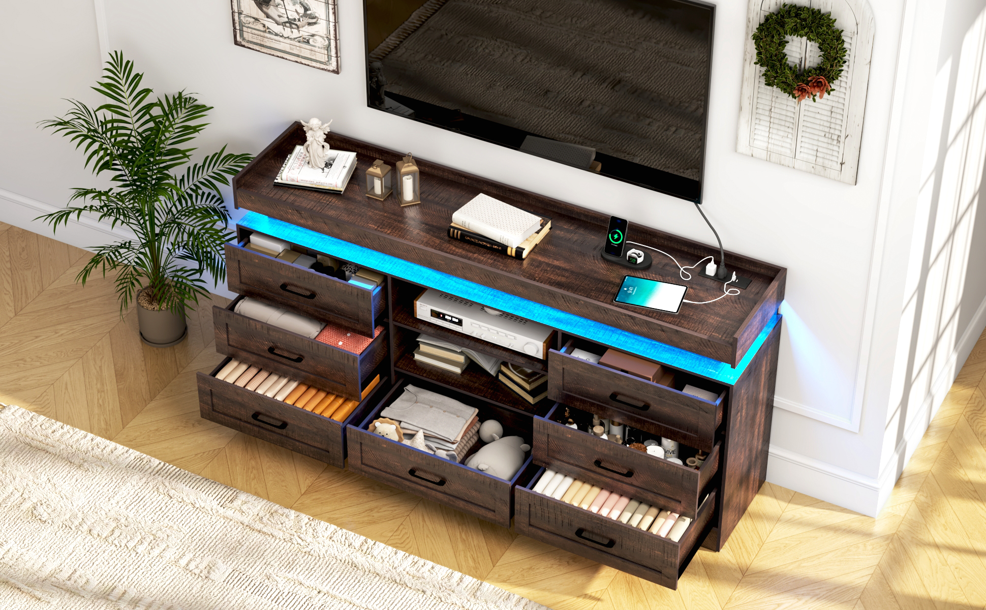 70" Farmhouse TV Stand for 80/75/70 Inch TVs, Dresser TV Stand with Power Outlet and LED light, 35" Tall Entertainment Center with 7 drawers for Living Room, Bedroom