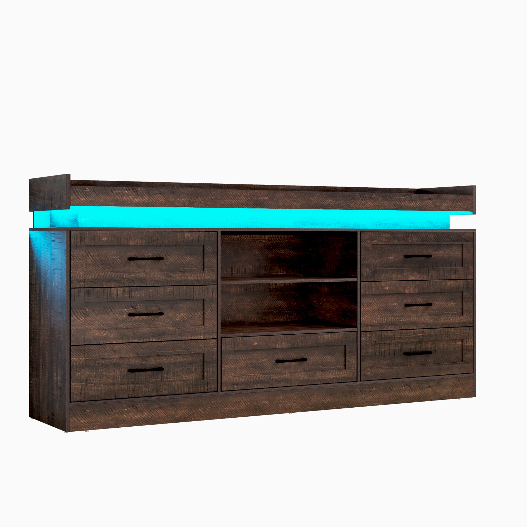 70" Farmhouse TV Stand for 80/75/70 Inch TVs, Dresser TV Stand with Power Outlet and LED light, 35" Tall Entertainment Center with 7 drawers for Living Room, Bedroom