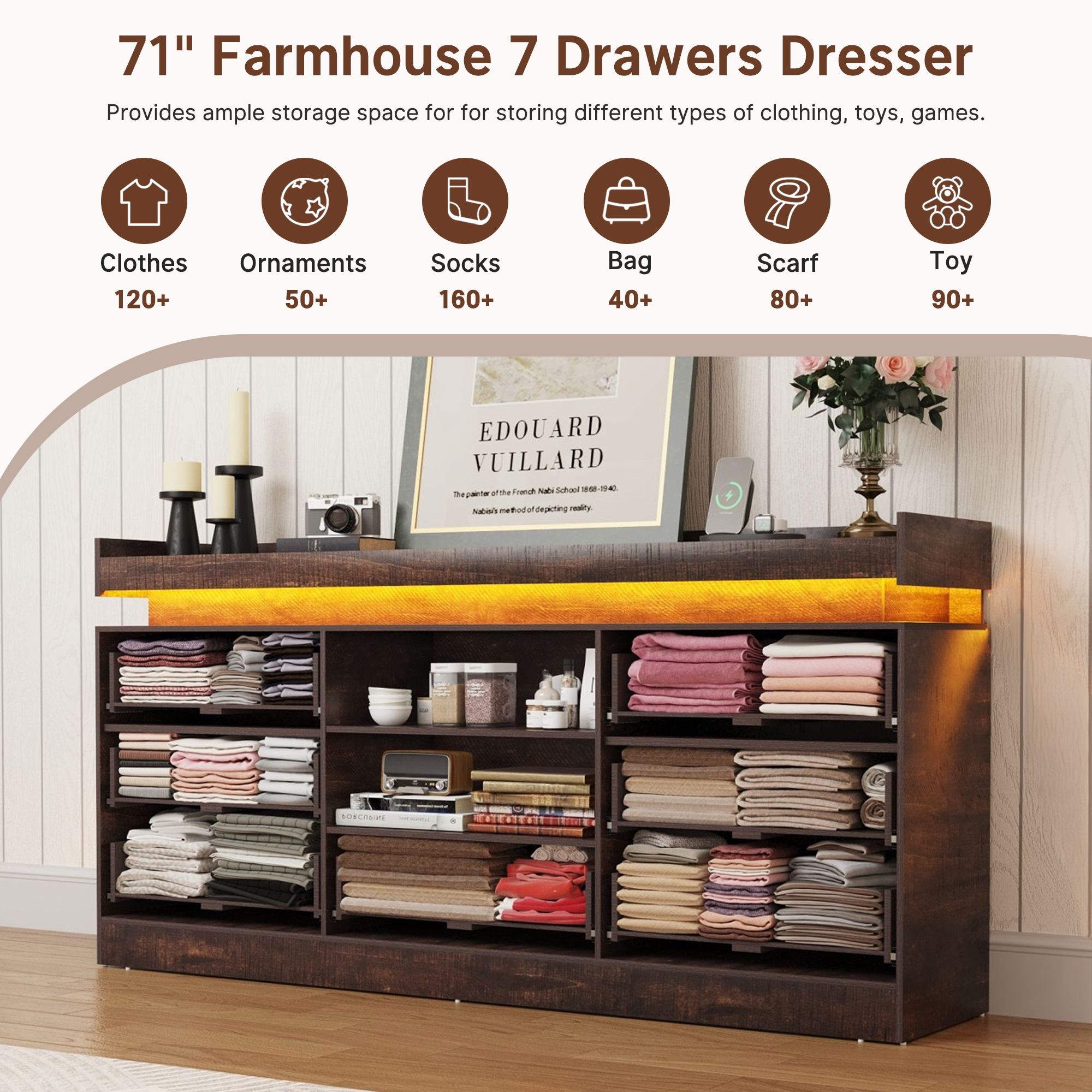 70" Farmhouse TV Stand for 80/75/70 Inch TVs, Dresser TV Stand with Power Outlet and LED light, 35" Tall Entertainment Center with 7 drawers for Living Room, Bedroom