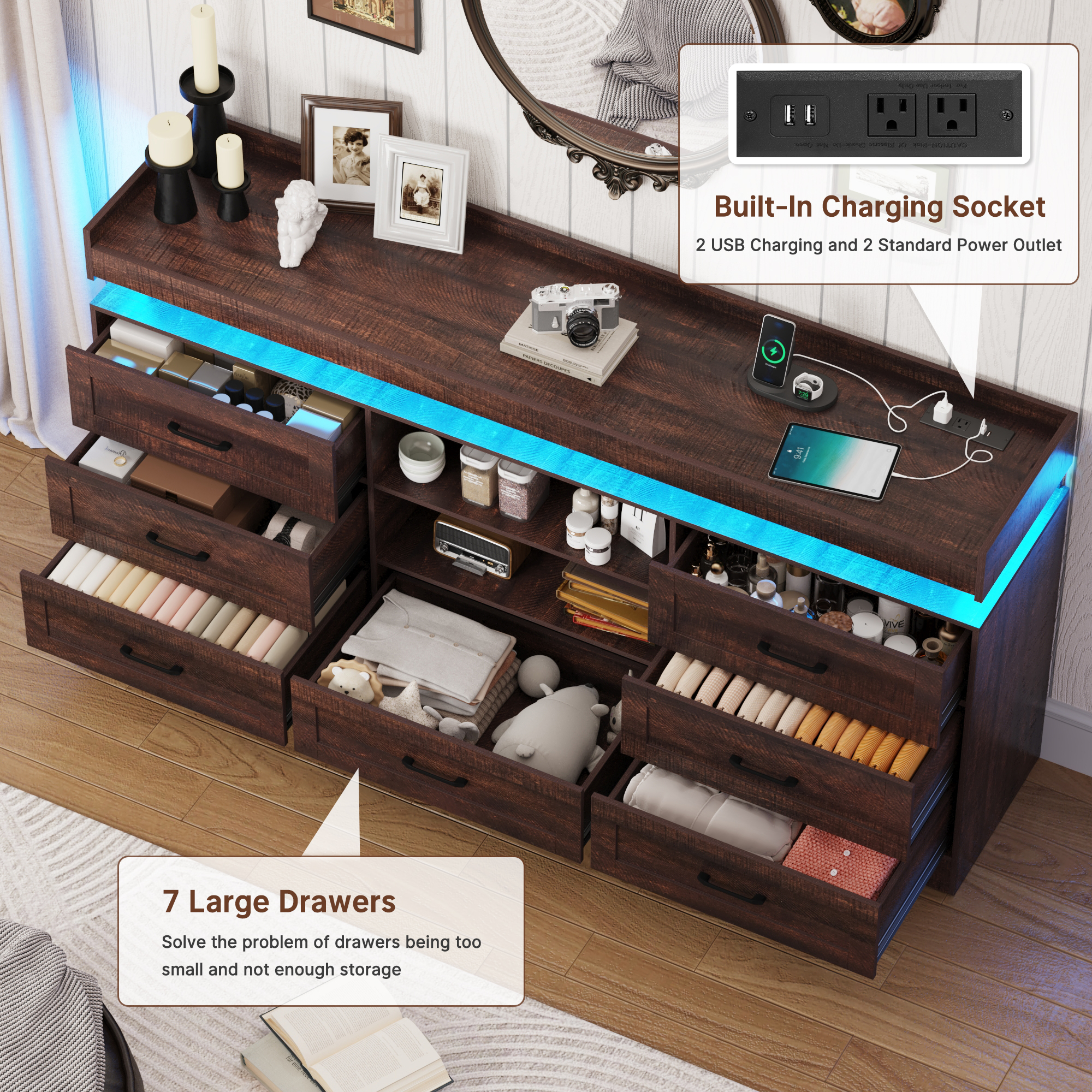 70" Farmhouse TV Stand for 80/75/70 Inch TVs, Dresser TV Stand with Power Outlet and LED light, 35" Tall Entertainment Center with 7 drawers for Living Room, Bedroom