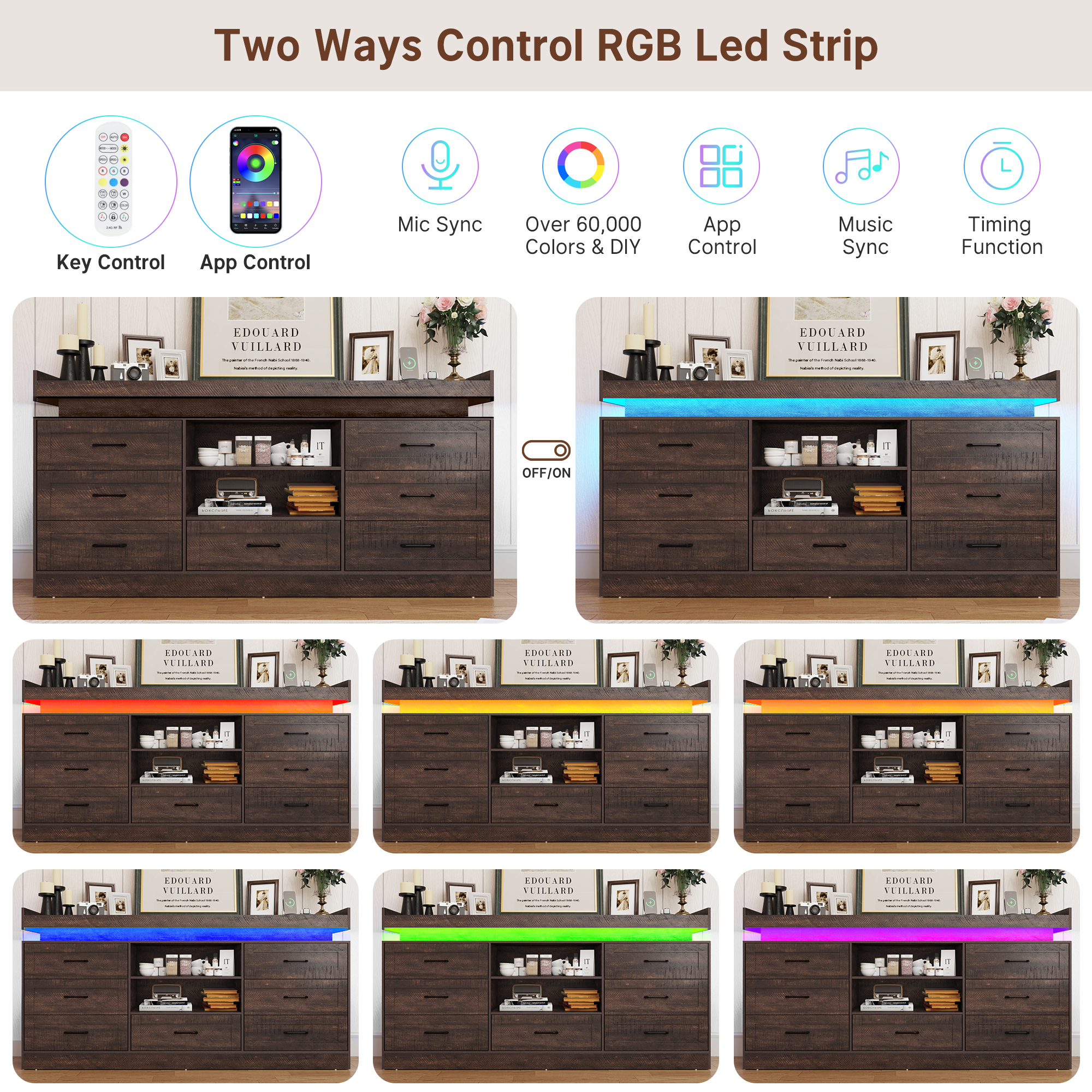 70" Farmhouse TV Stand for 80/75/70 Inch TVs, Dresser TV Stand with Power Outlet and LED light, 35" Tall Entertainment Center with 7 drawers for Living Room, Bedroom