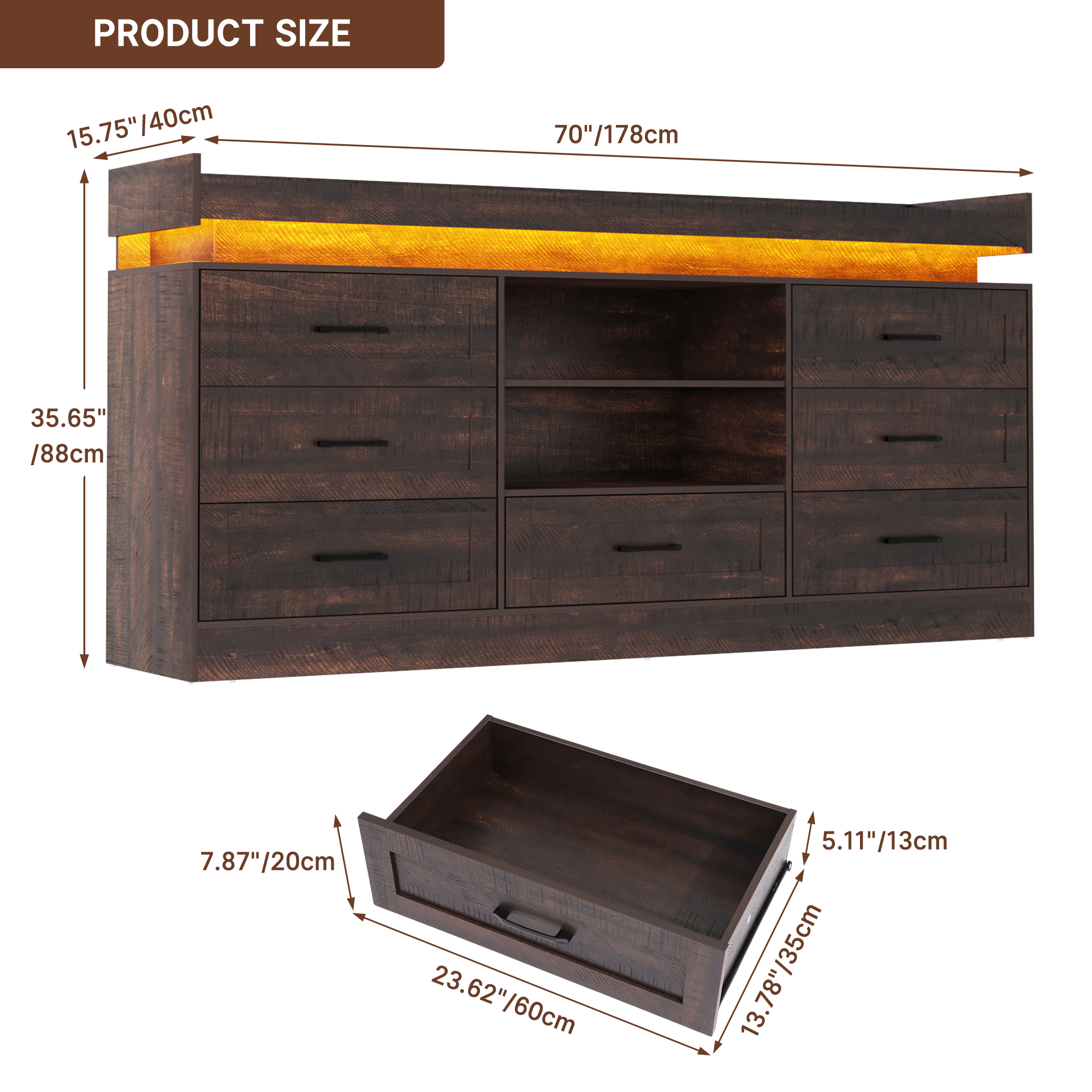 70" Farmhouse TV Stand for 80/75/70 Inch TVs, Dresser TV Stand with Power Outlet and LED light, 35" Tall Entertainment Center with 7 drawers for Living Room, Bedroom