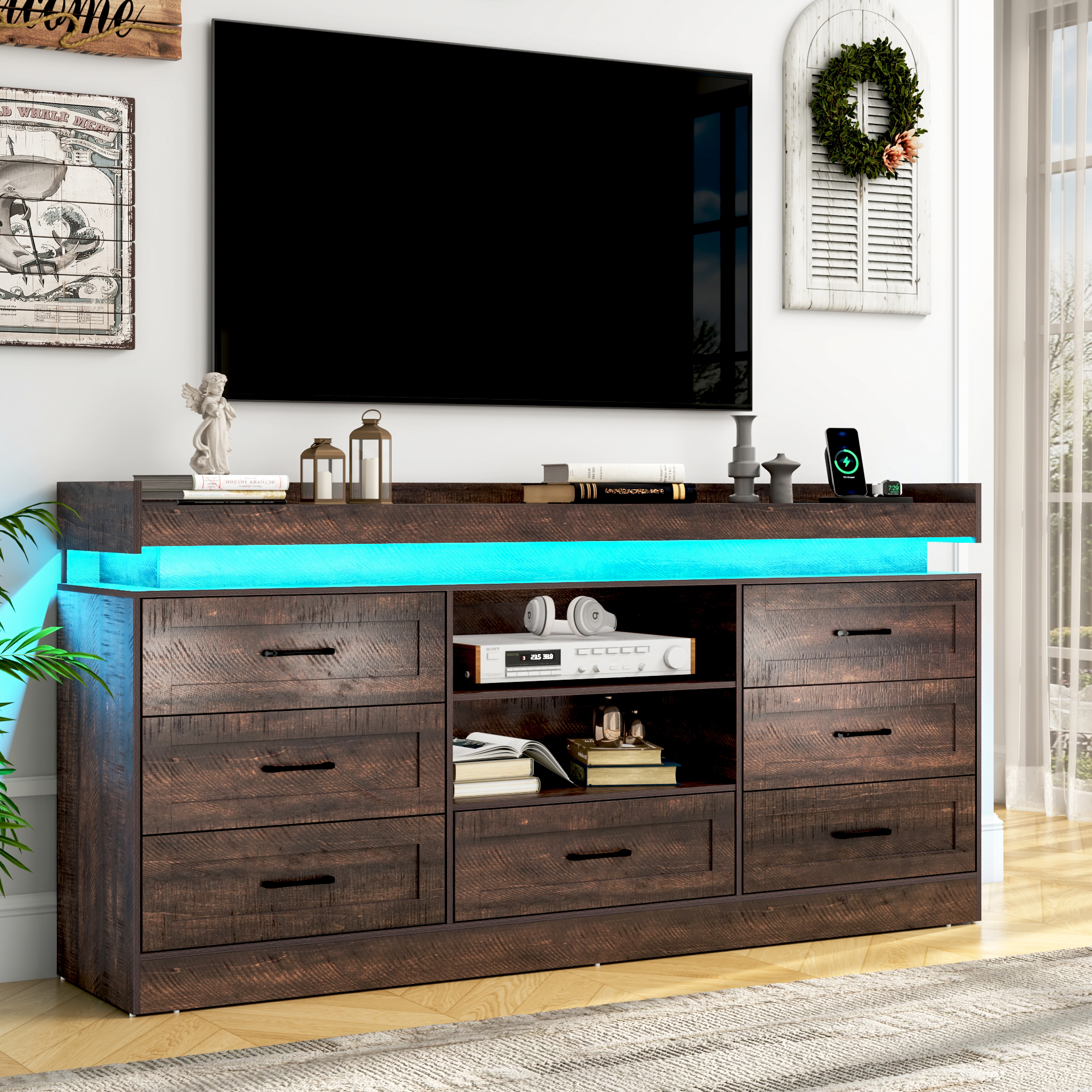 70" Farmhouse TV Stand for 80/75/70 Inch TVs, Dresser TV Stand with Power Outlet and LED light, 35" Tall Entertainment Center with 7 drawers for Living Room, Bedroom