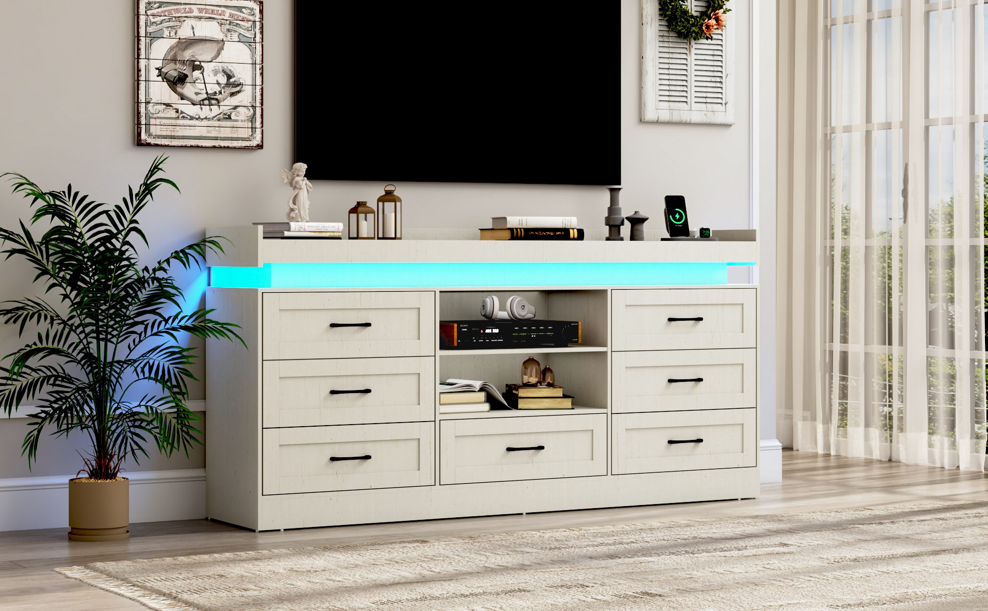 70" Farmhouse TV Stand for 80/75/70 Inch TVs, Dresser TV Stand with Power Outlet and LED light, 35" Tall Entertainment Center with 7 drawers for Living Room, Bedroom