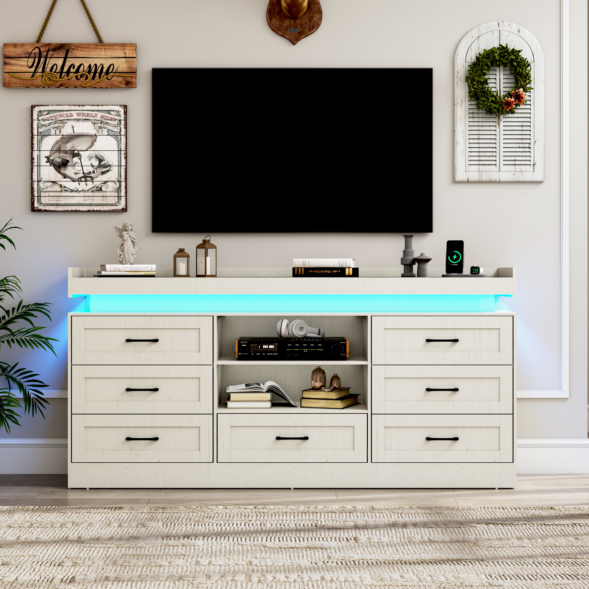 70" Farmhouse TV Stand for 80/75/70 Inch TVs, Dresser TV Stand with Power Outlet and LED light, 35" Tall Entertainment Center with 7 drawers for Living Room, Bedroom