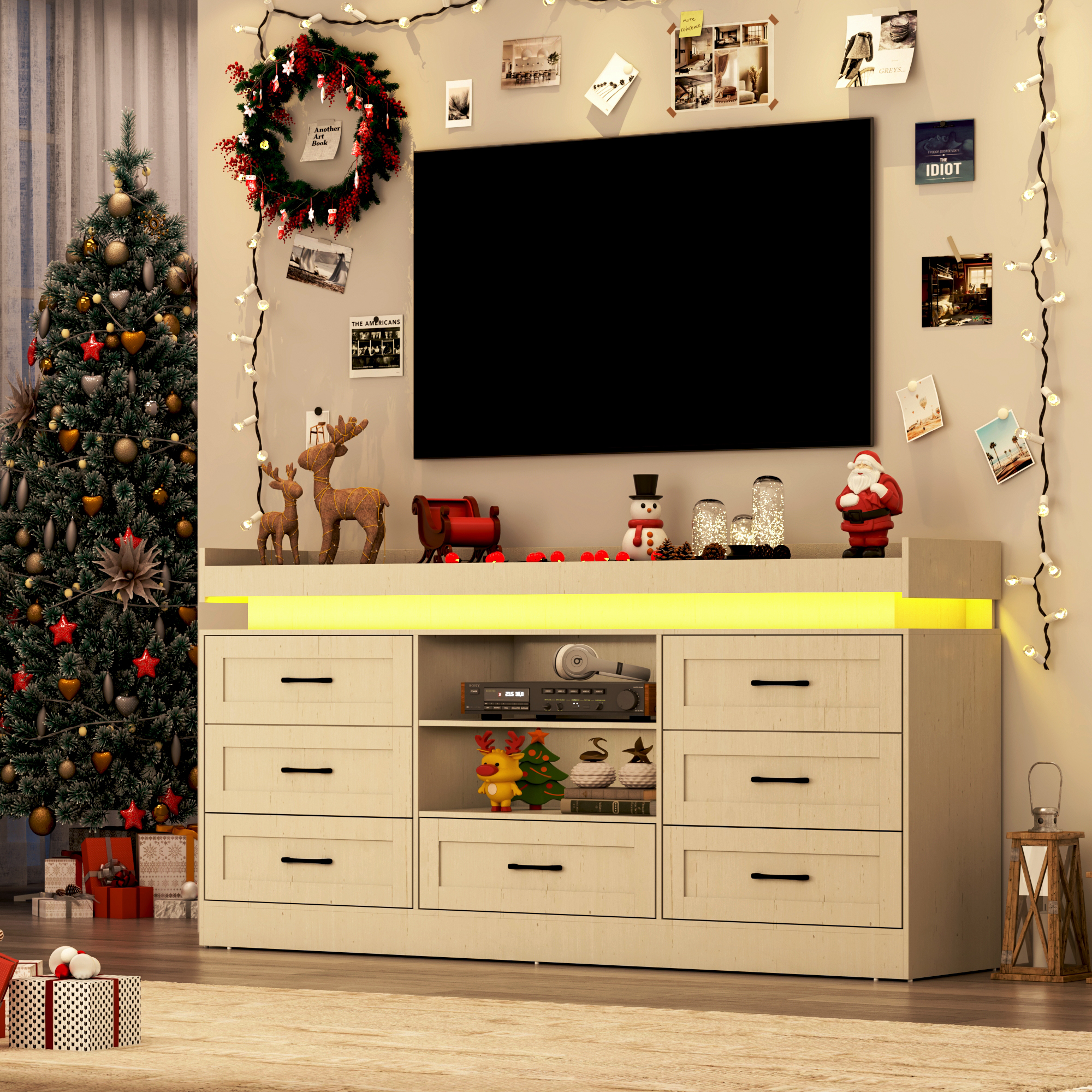 70" Farmhouse TV Stand for 80/75/70 Inch TVs, Dresser TV Stand with Power Outlet and LED light, 35" Tall Entertainment Center with 7 drawers for Living Room, Bedroom