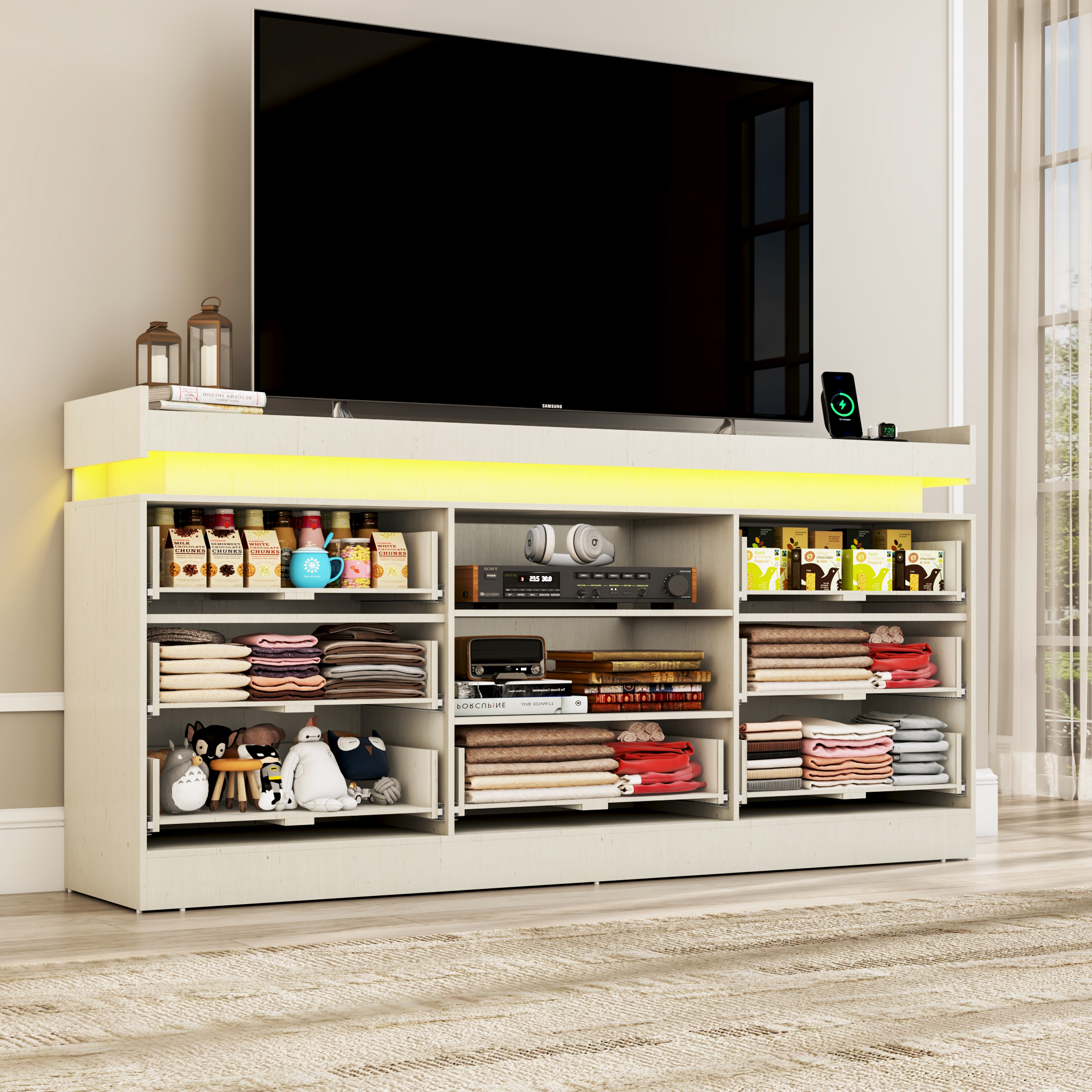 70" Farmhouse TV Stand for 80/75/70 Inch TVs, Dresser TV Stand with Power Outlet and LED light, 35" Tall Entertainment Center with 7 drawers for Living Room, Bedroom