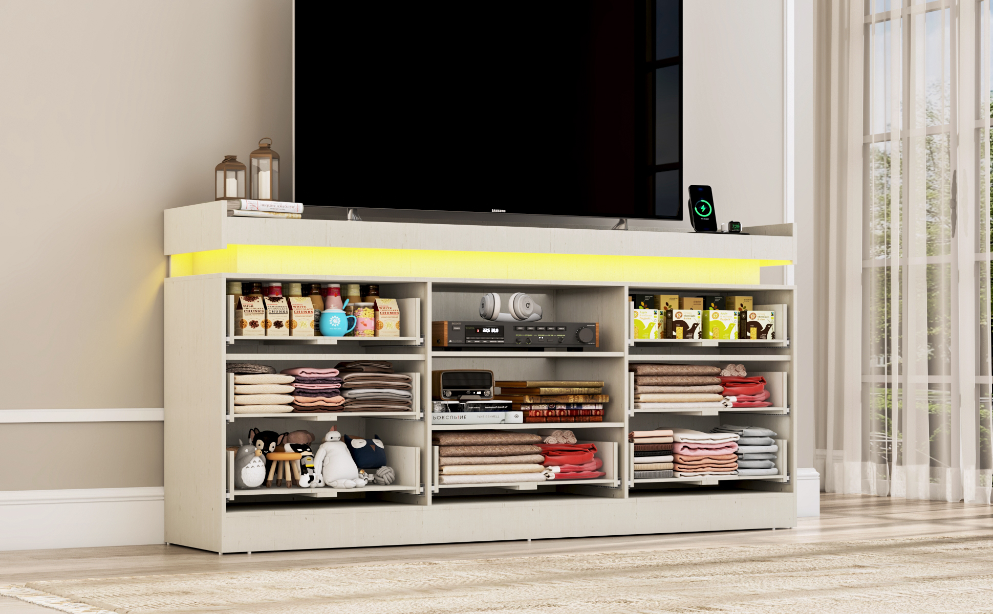 70" Farmhouse TV Stand for 80/75/70 Inch TVs, Dresser TV Stand with Power Outlet and LED light, 35" Tall Entertainment Center with 7 drawers for Living Room, Bedroom