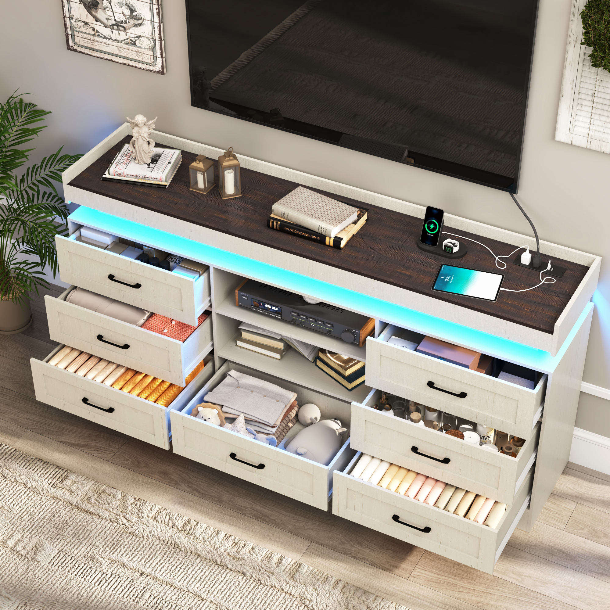 70" Farmhouse TV Stand for 80/75/70 Inch TVs, Dresser TV Stand with Power Outlet and LED light, 35" Tall Entertainment Center with 7 drawers for Living Room, Bedroom