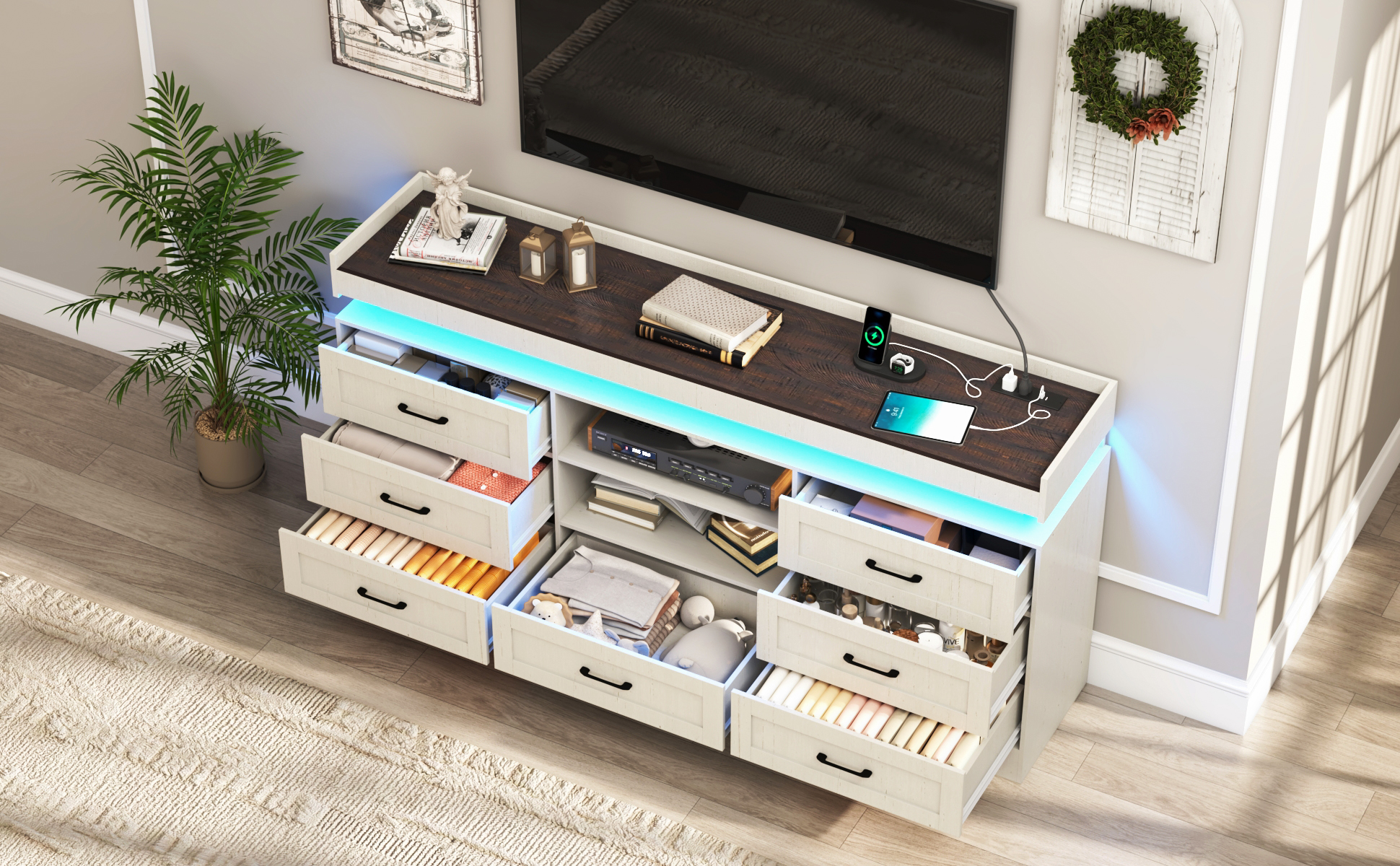 70" Farmhouse TV Stand for 80/75/70 Inch TVs, Dresser TV Stand with Power Outlet and LED light, 35" Tall Entertainment Center with 7 drawers for Living Room, Bedroom