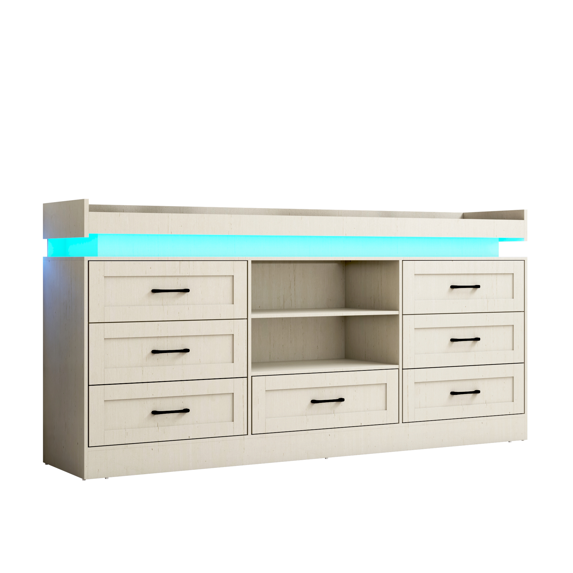 70" Farmhouse TV Stand for 80/75/70 Inch TVs, Dresser TV Stand with Power Outlet and LED light, 35" Tall Entertainment Center with 7 drawers for Living Room, Bedroom