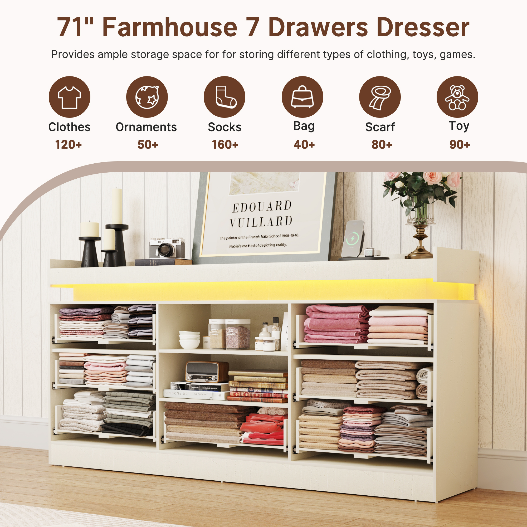 70" Farmhouse TV Stand for 80/75/70 Inch TVs, Dresser TV Stand with Power Outlet and LED light, 35" Tall Entertainment Center with 7 drawers for Living Room, Bedroom